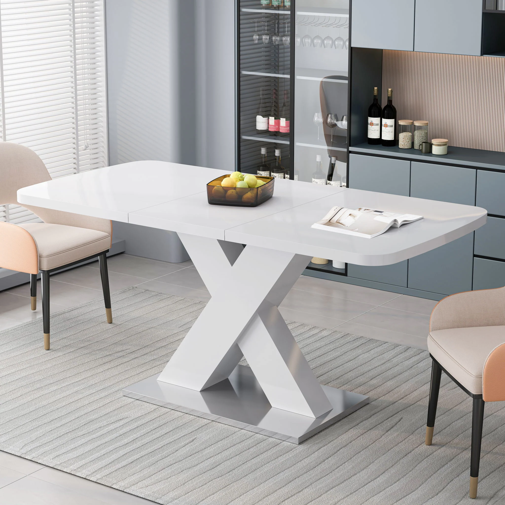 Rectangle Dining Table, Stretchable, X Shape Legs - White - Image 6