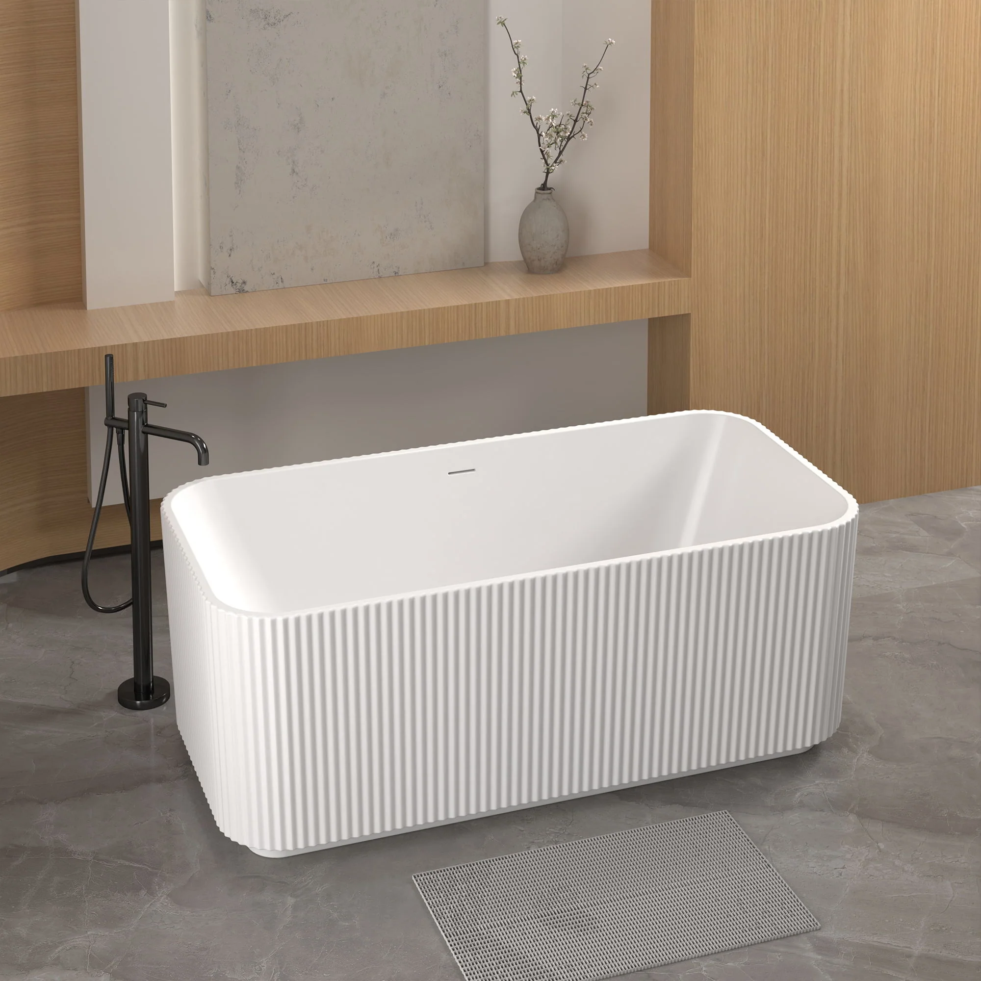 Rectangle Linear Freestanding Soaker Tub With Pop Up Drain, Double Wall Insulated Construction - Gloss White - Image 8