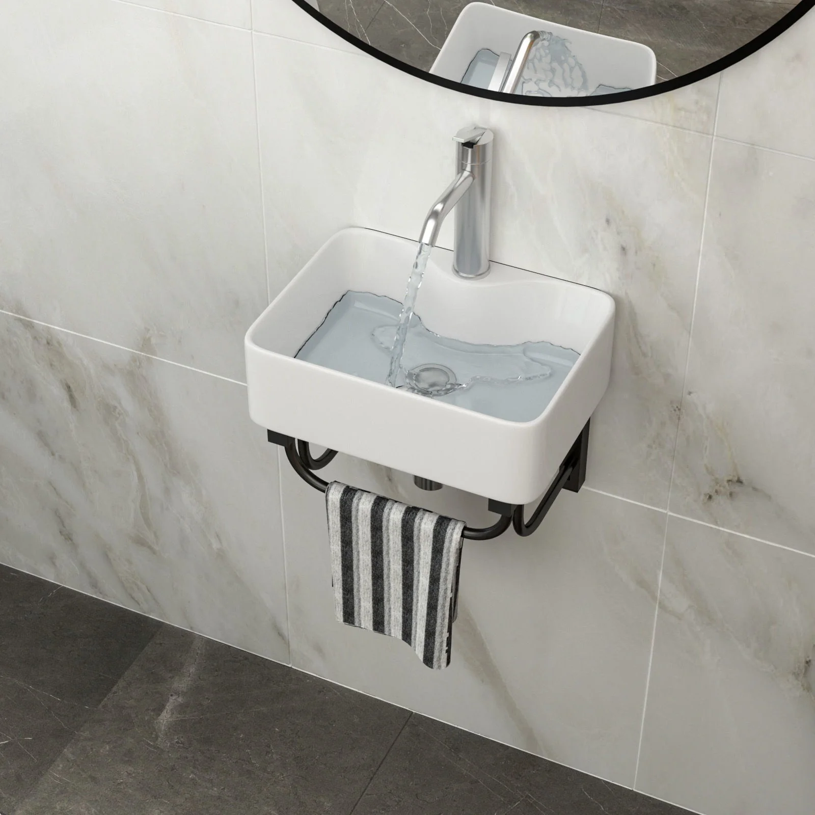 Rectangular Bathroom Sink With Towel Bar & Faucet Hole, Wall Mounted - White - Image 4