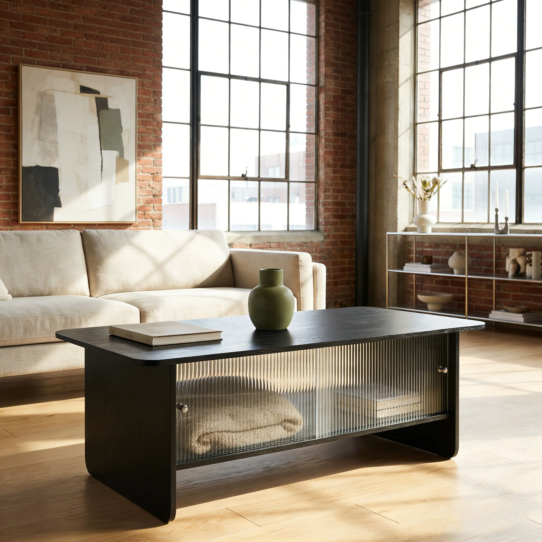 Rectangular Coffee Table With Sliding Door Storage Center - Image 15