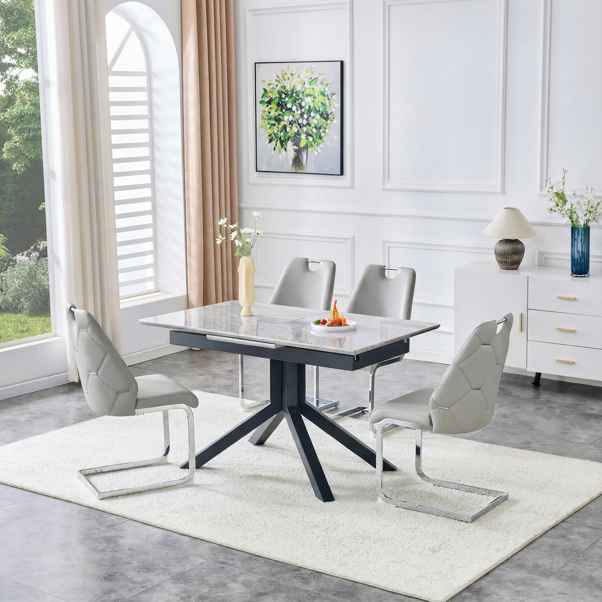 Rectangular Dining Table With Geometric Legs For Dining Room - Light Gray - Image 2