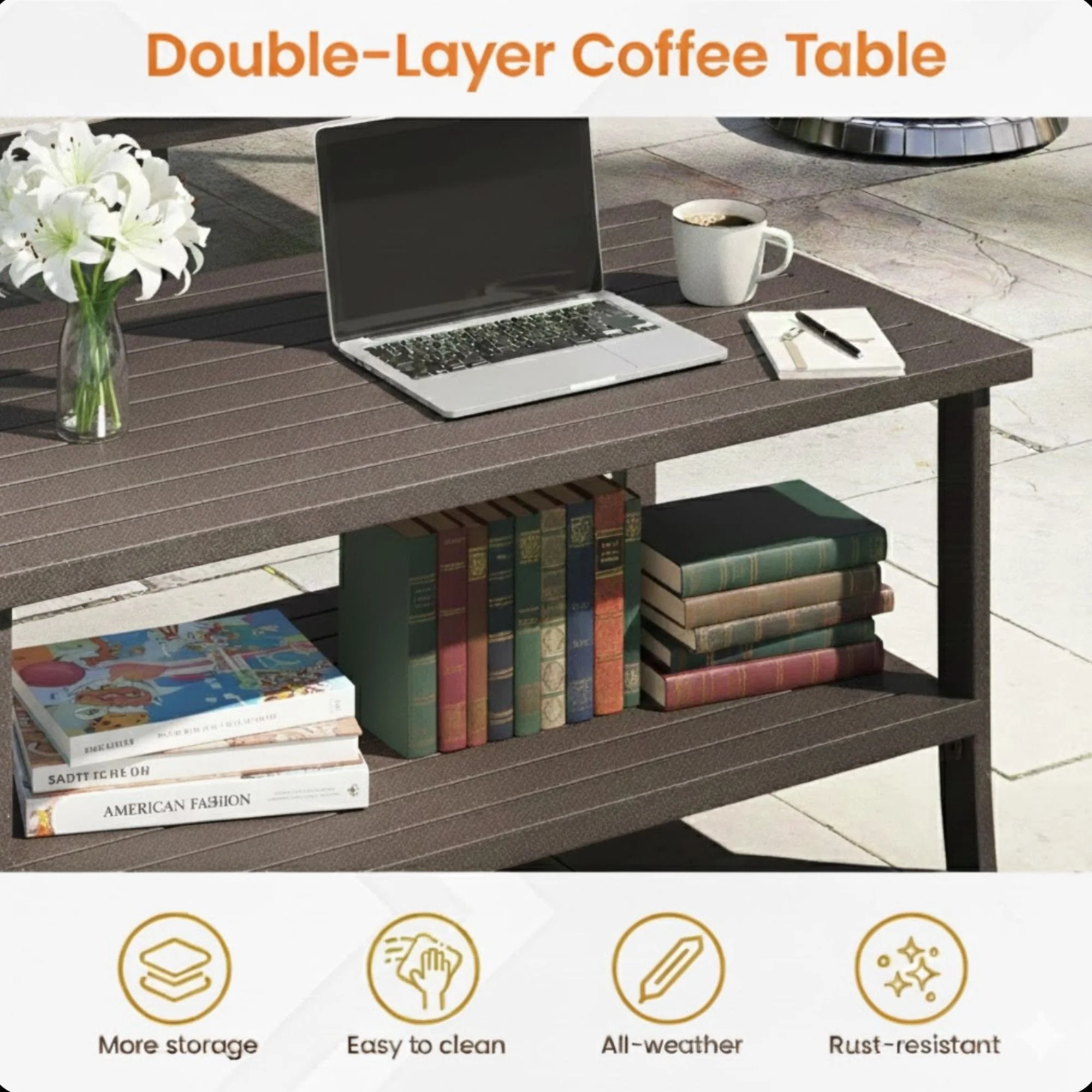 Rectangular Outdoor Coffee Table, 2 Tier All Weather Patio Table - Brown - Image 5