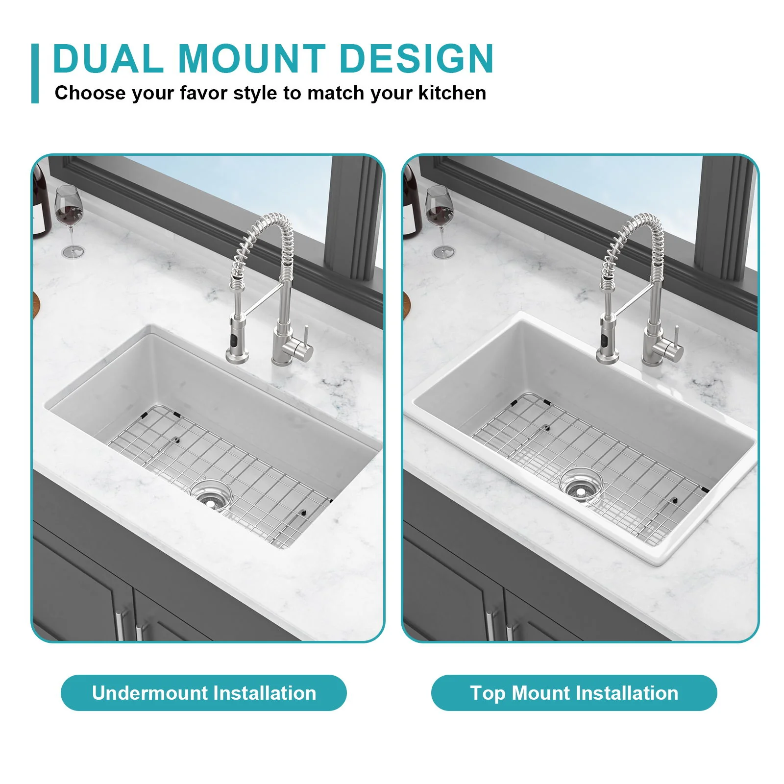 Rectangular Single Bowl Kitchen Sink With Dual Mount Installation - White - Image 2