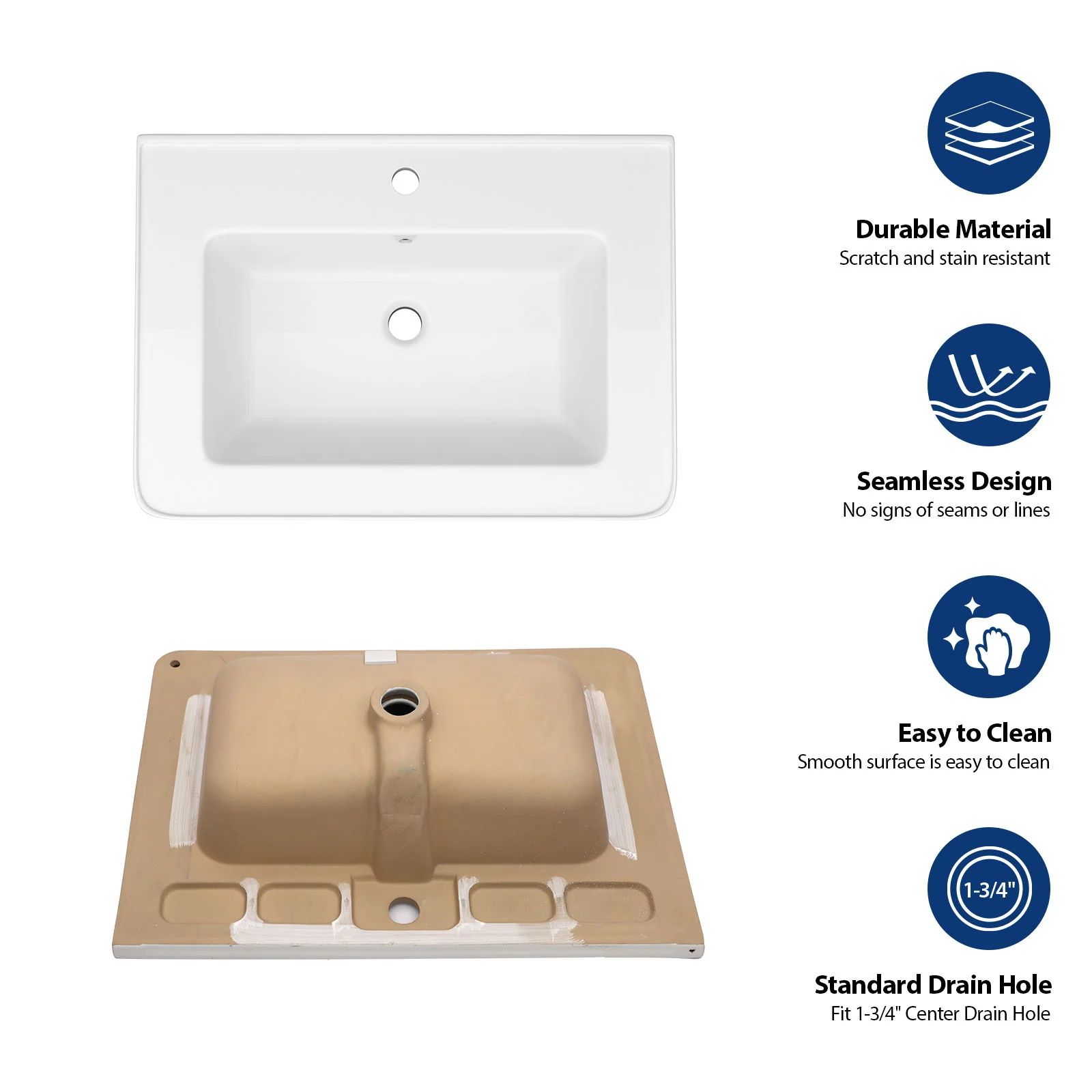 Rectangular Single Vanity Top With 1 Faucet Hole And Overflow, 28 X 19" - White - Image 3