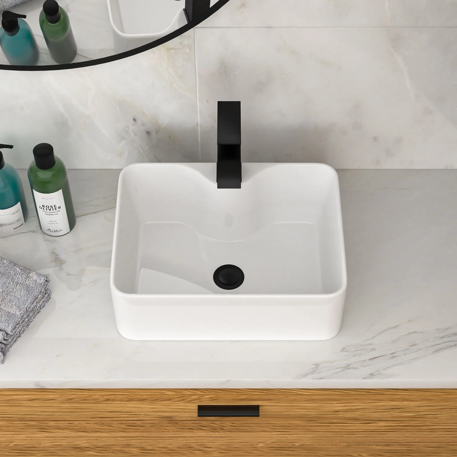 Rectangular Vessel Sink With Faucet & Drain - White / Black - Image 6