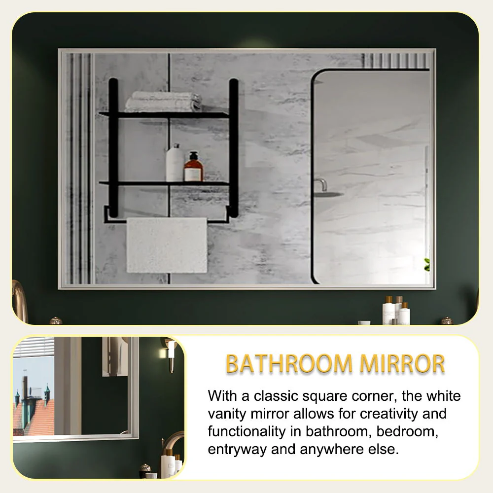 Rectangular Wall-Mounted Beveled Bathroom Mirror, Square Angle Metal Frame Wall Mounted Bathroom Mirrors For Wall (Horizontal & Vertical) - Glossy White - Image 6