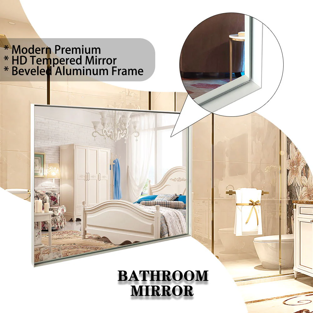 Rectangular Wall-Mounted Beveled Bathroom Mirror, Square Angle Metal Frame Wall Mounted Bathroom Mirrors For Wall (Horizontal & Vertical) - Glossy White - Image 8