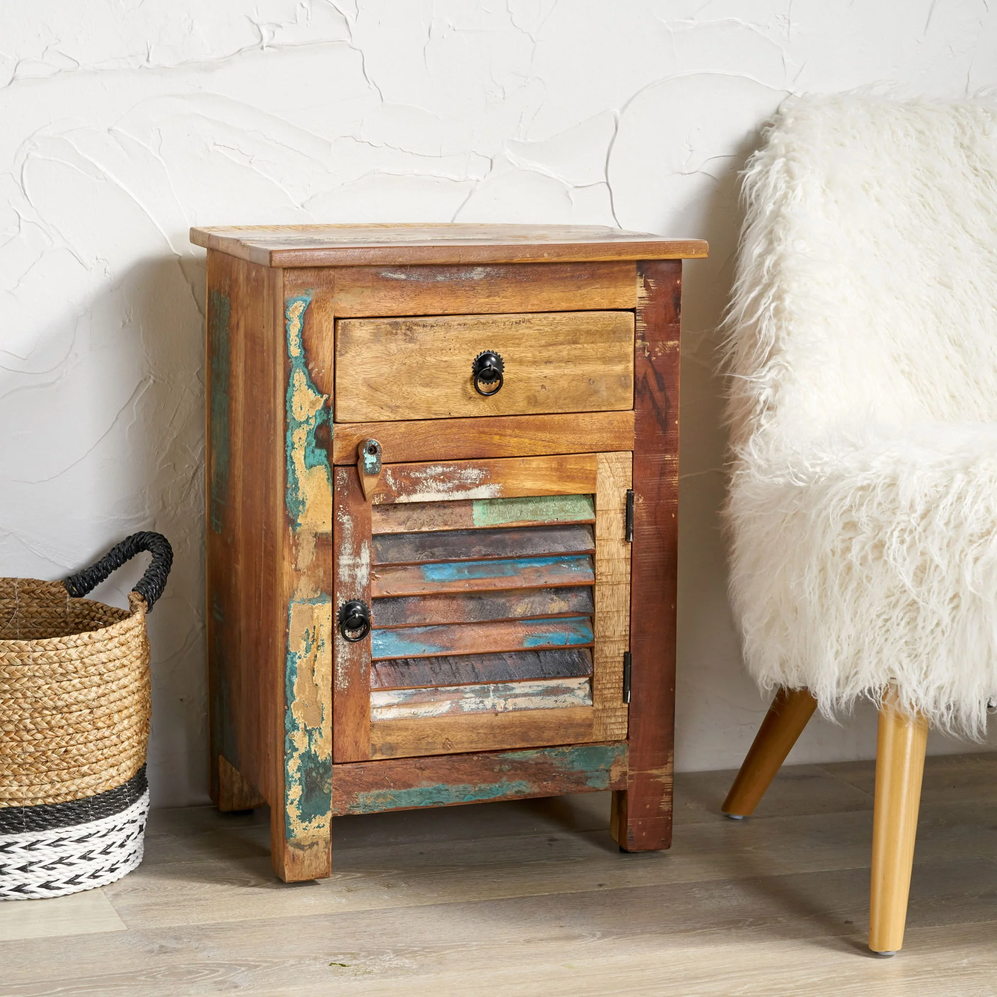 Recycled Wood Side Table With Drawer And Door - Natural - Image 3