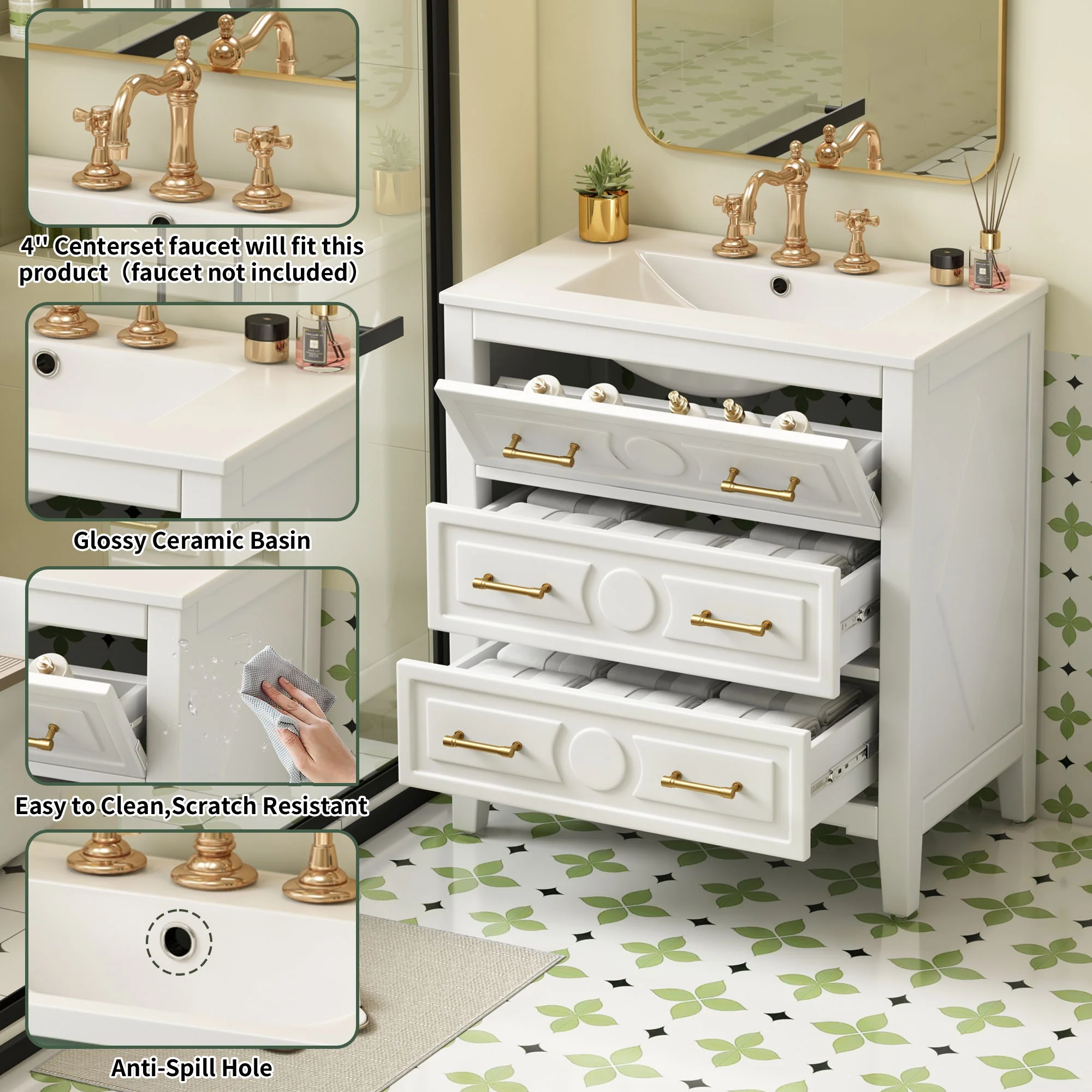 Retro Bathroom Vanity With Sink Combo, Free Standing Single Set With 3 Drawers - Image 11