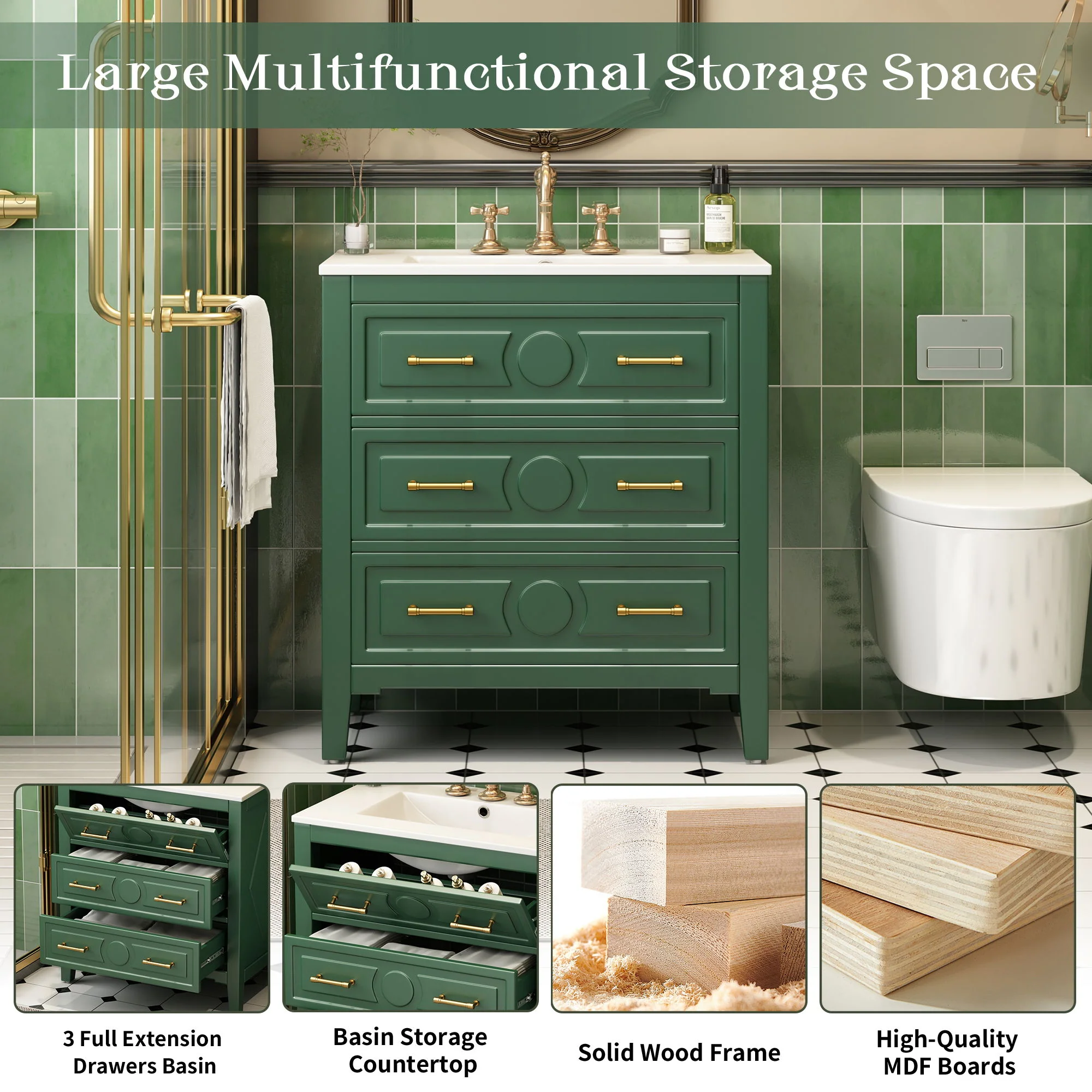 Retro Bathroom Vanity With Sink Combo, Free Standing Single Set With 3 Drawers - Image 15