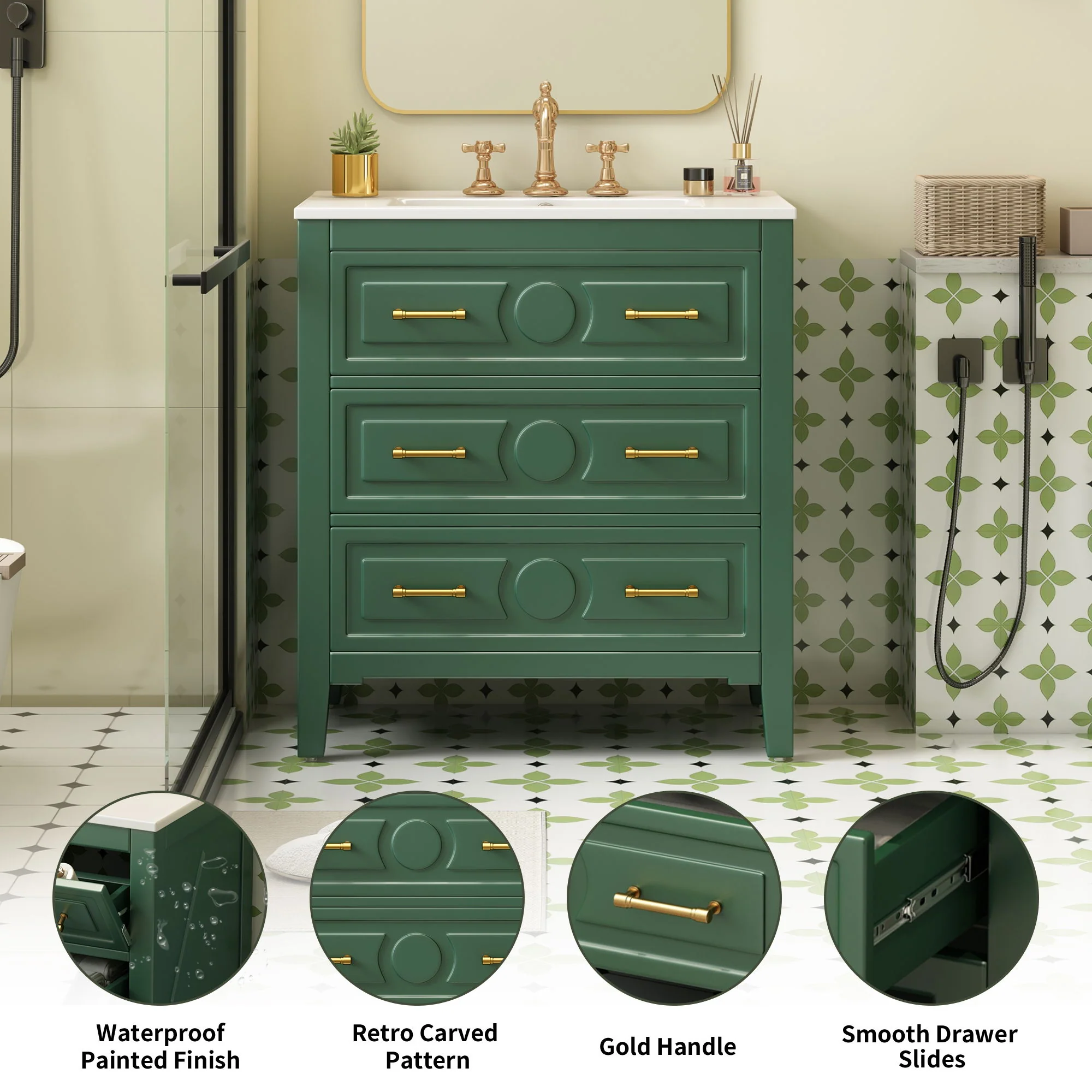 Retro Bathroom Vanity With Sink Combo, Free Standing Single Set With 3 Drawers - Image 19