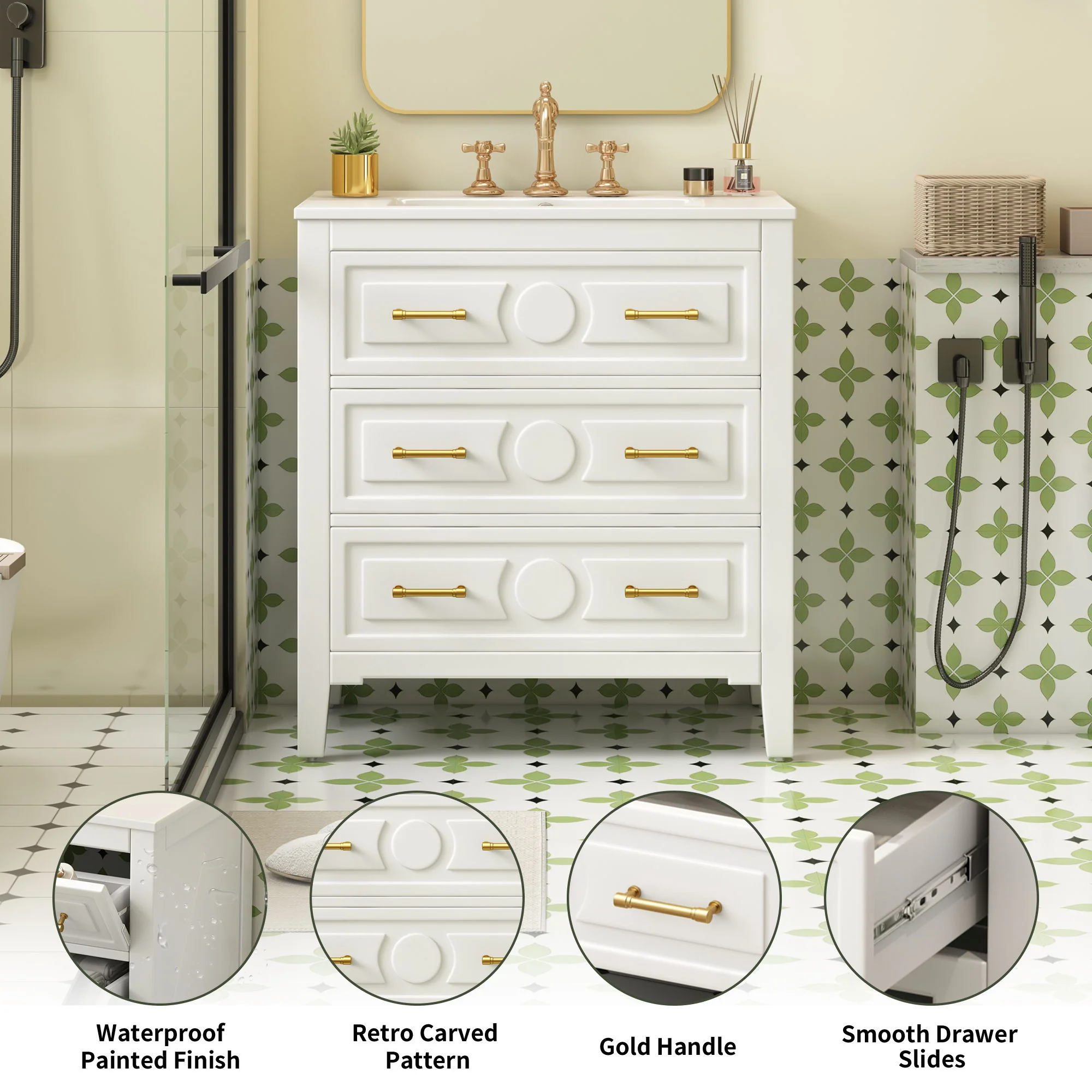 Retro Bathroom Vanity With Sink Combo, Free Standing Single Set With 3 Drawers - Image 28