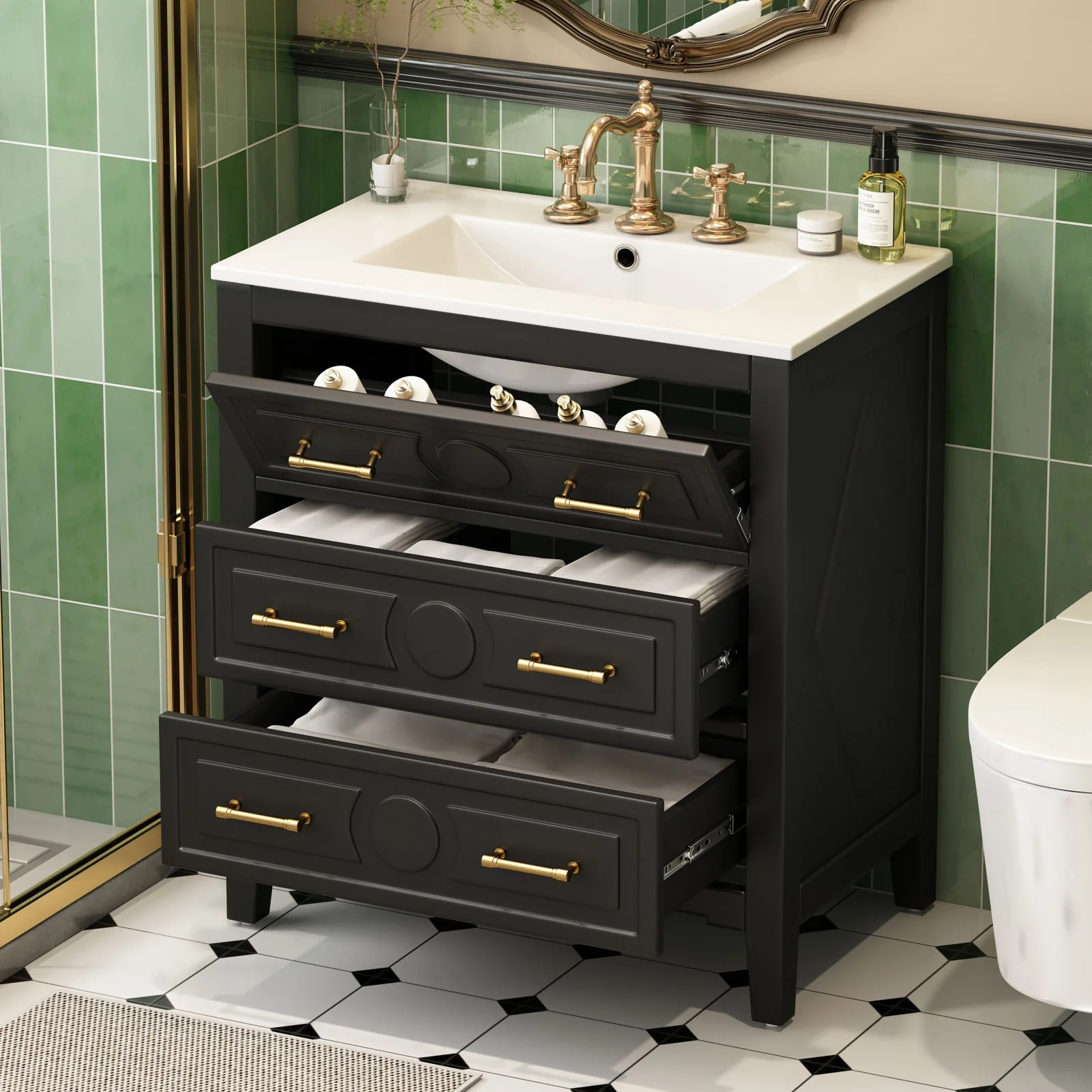 Retro Bathroom Vanity With Sink Combo, Free Standing Single Set With 3 Drawers - Image 36
