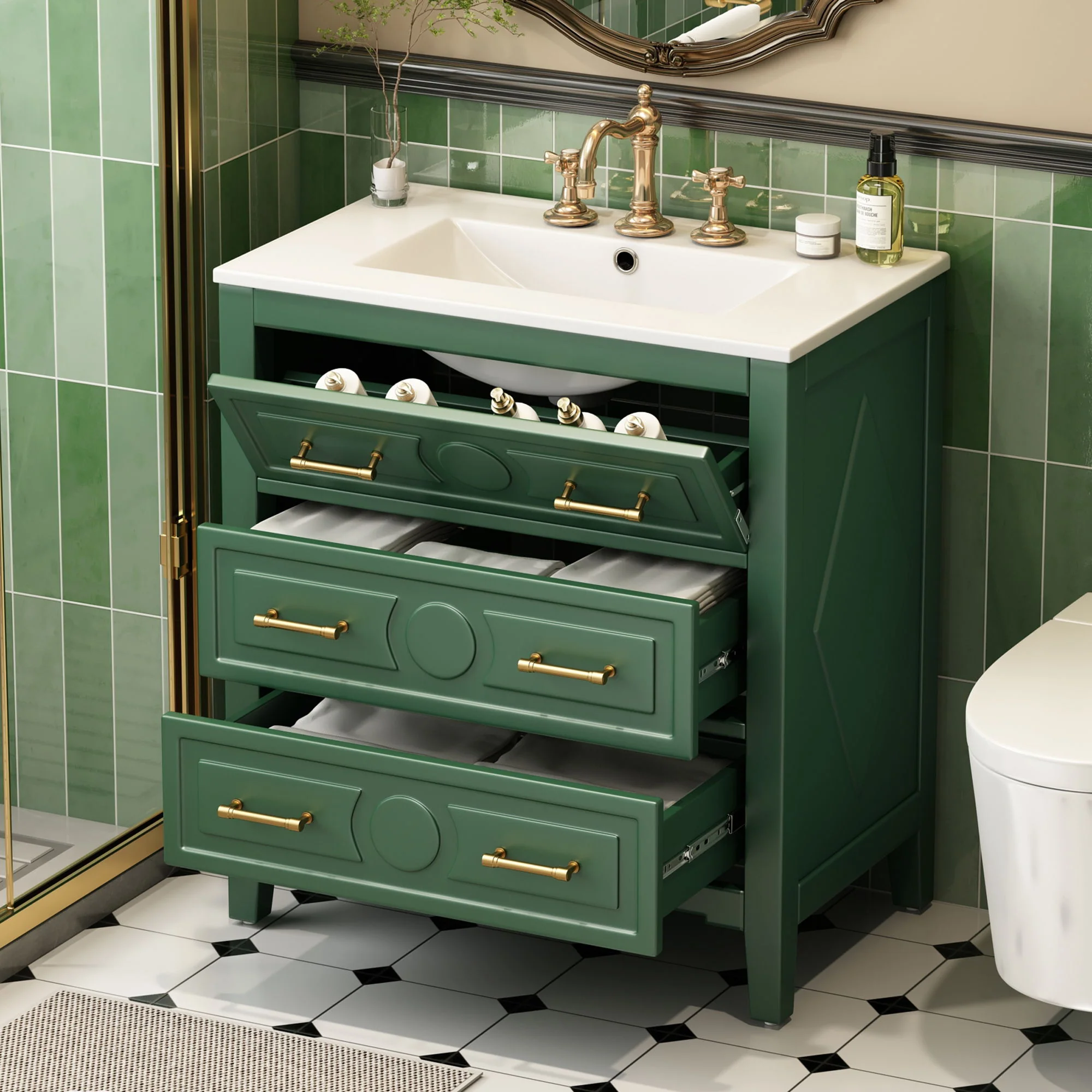 Retro Bathroom Vanity With Sink Combo, Free Standing Single Set With 3 Drawers - Image 9