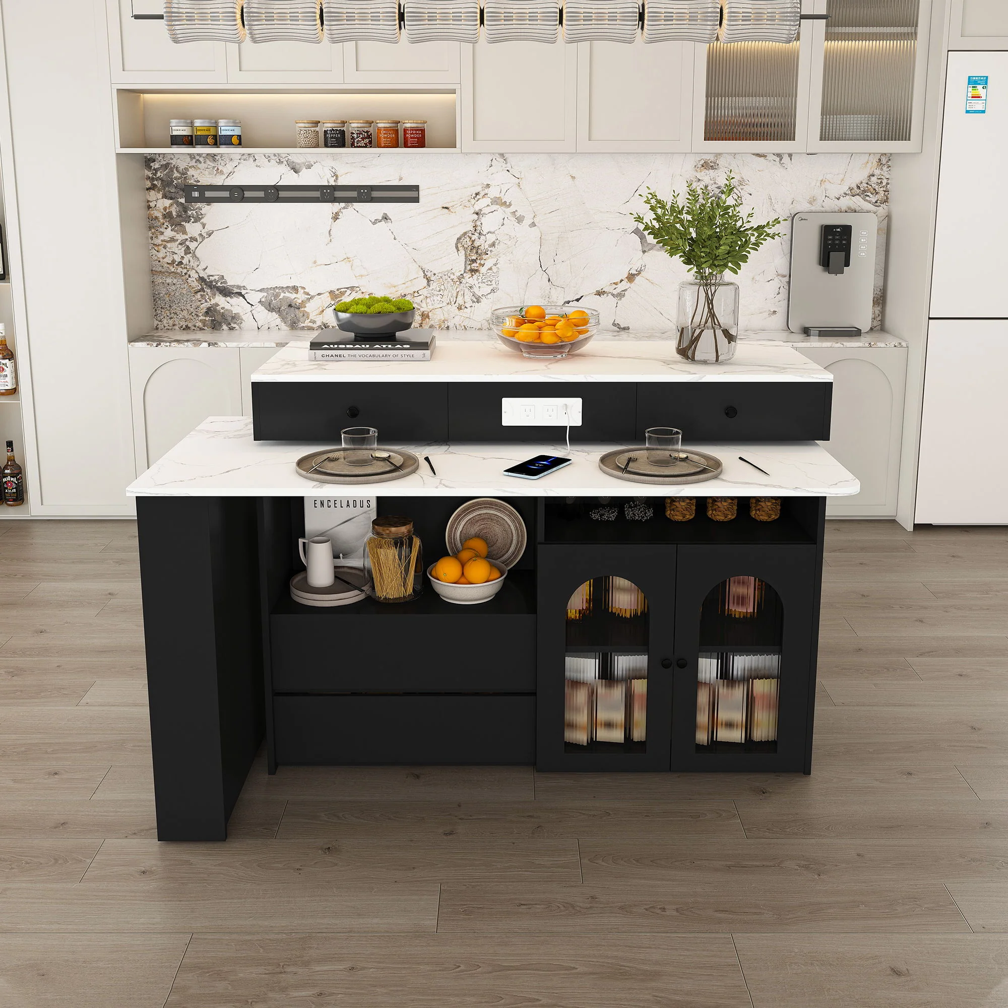 Retro Kitchen Island Set With Chairs, Extendable & Rotating Table, 4 Drawers & Door Cabinets - Image 14