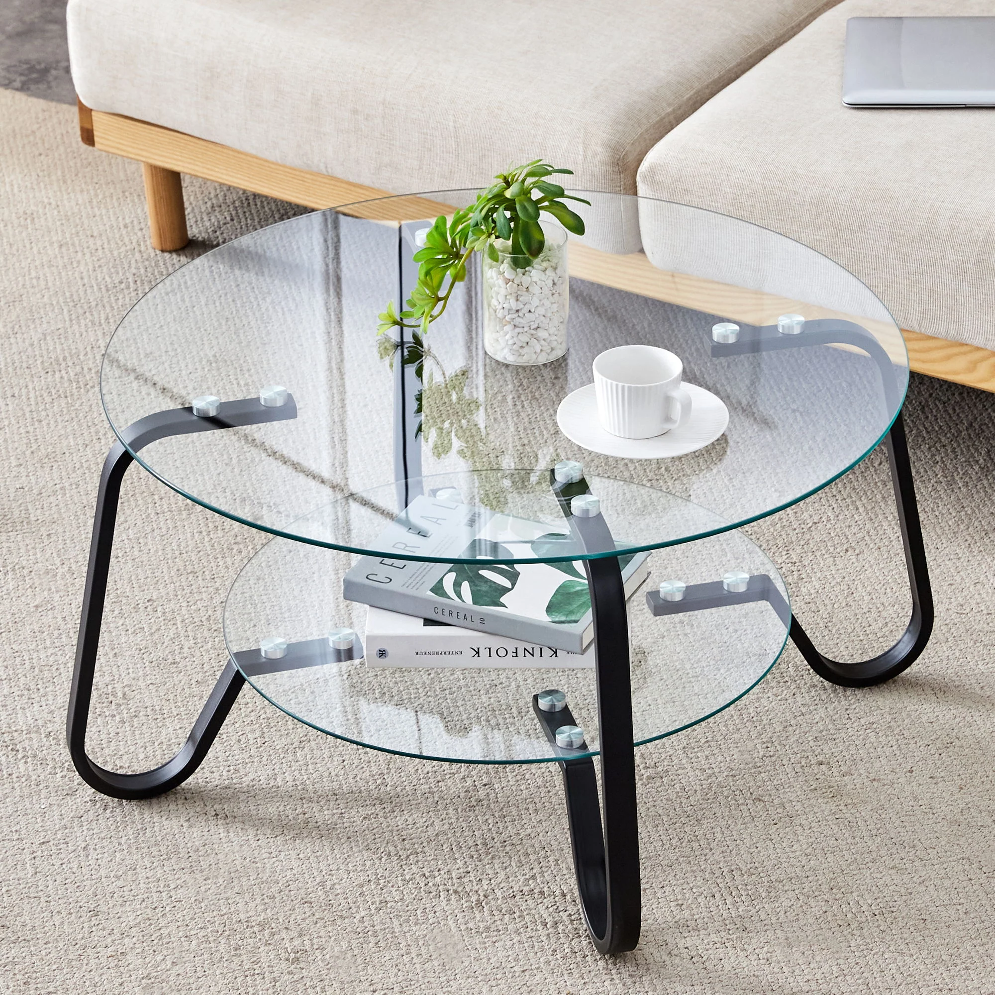 Retro Minimalist Style Metal Frame Double Layer Tempered Glass Coffee Table - Image 5