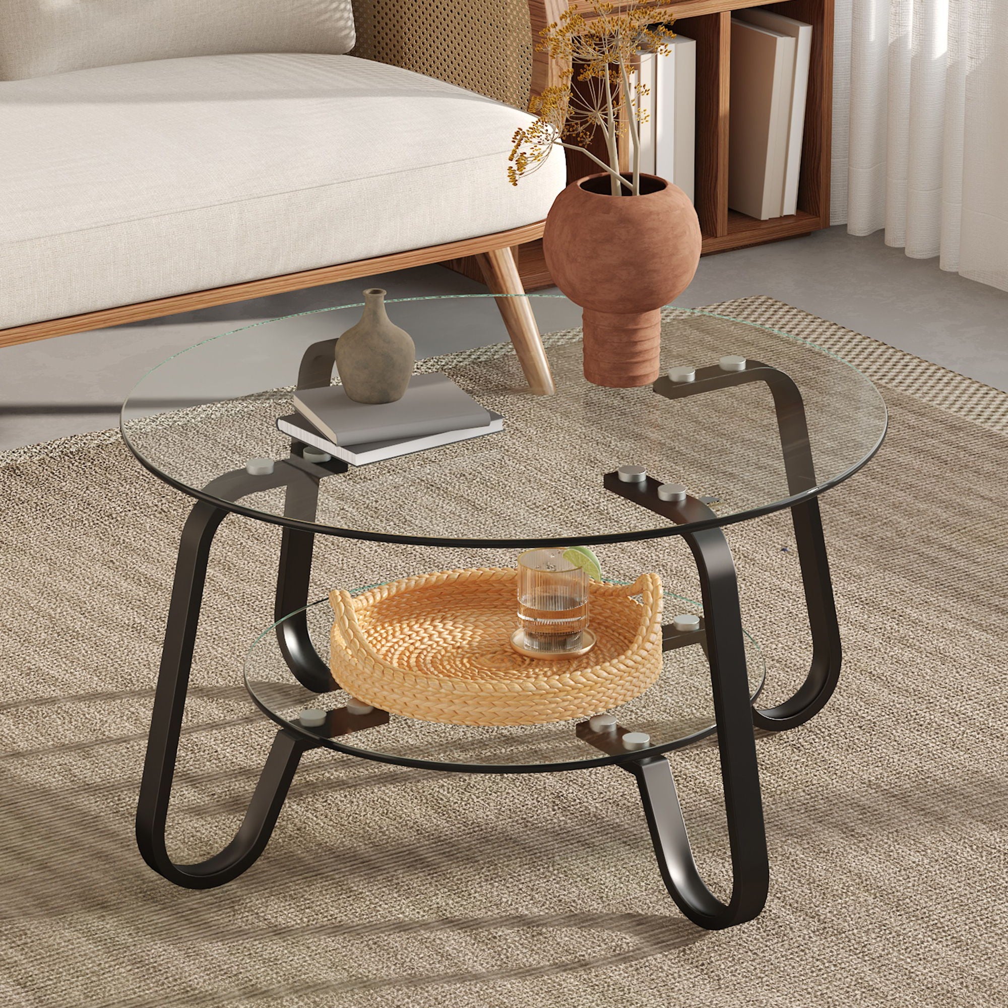 Retro Minimalist Style Metal Frame Double Layer Tempered Glass Coffee Table - Image 6
