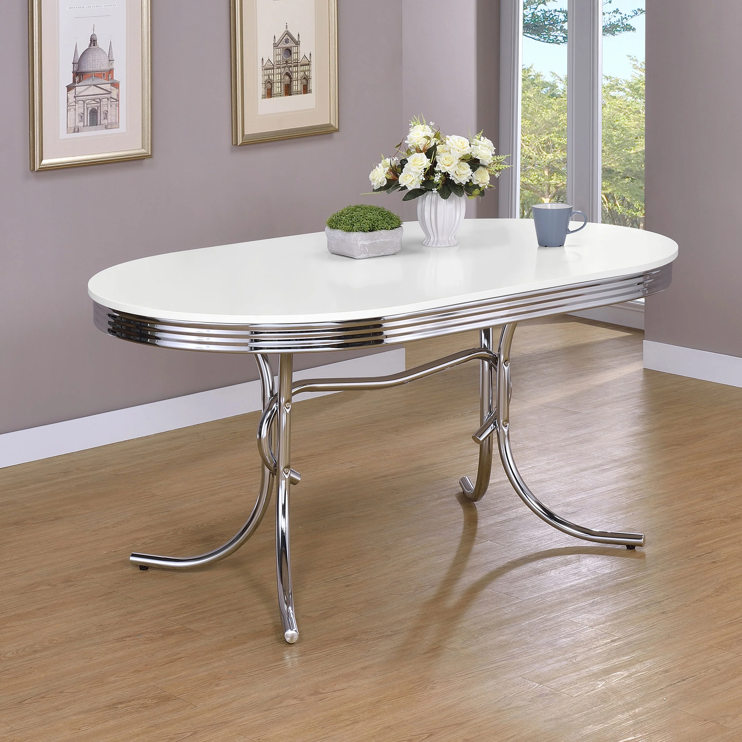 Retro Oval 60-inch White Dining Table with Chrome Legs - Image 3