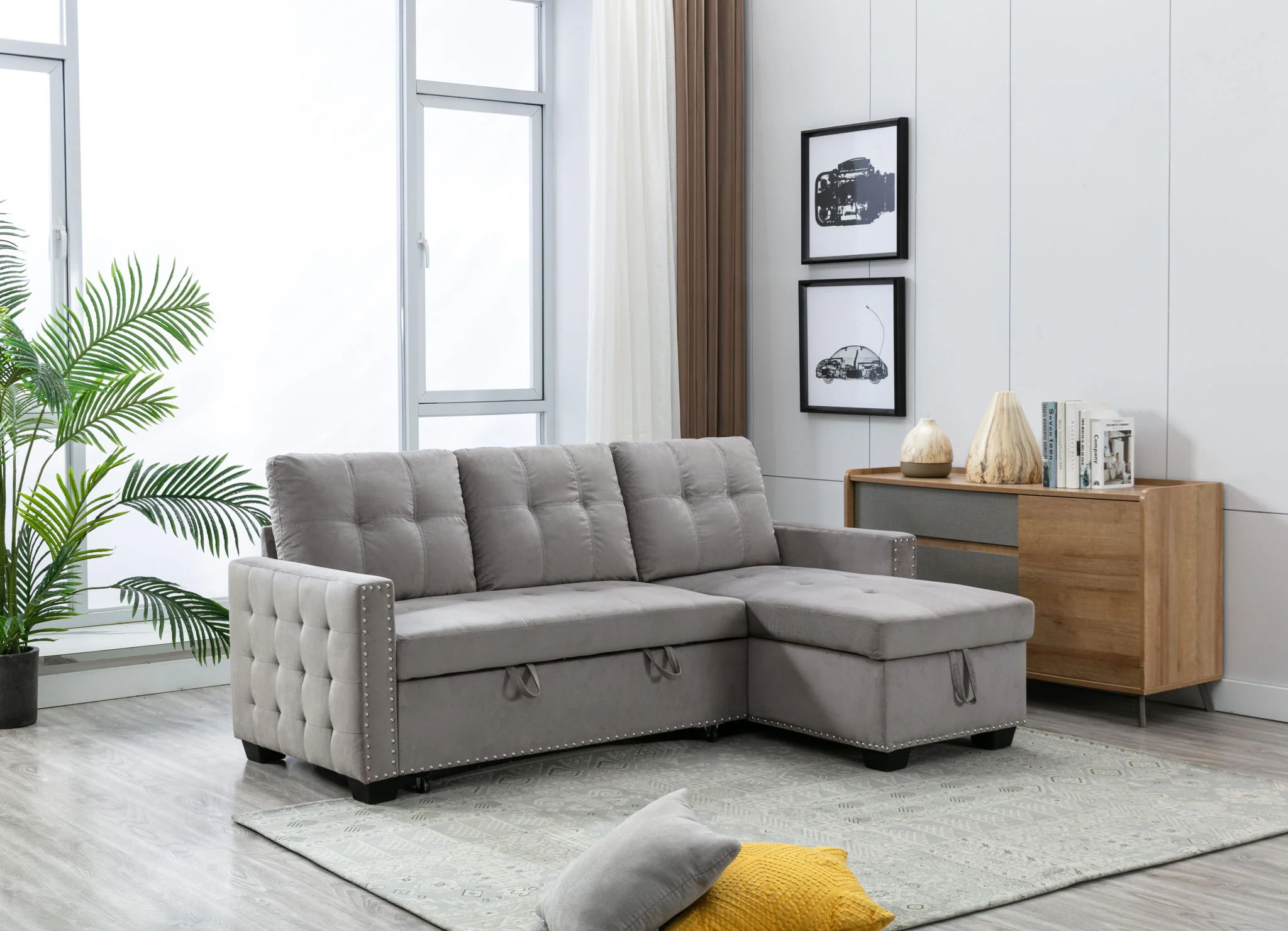Reversible Sectional Storage Sleeper Sofa Bed, L-Shape 2 Seat Sectional Chaise With Storage, Skin-Feeling Fabric - Image 8