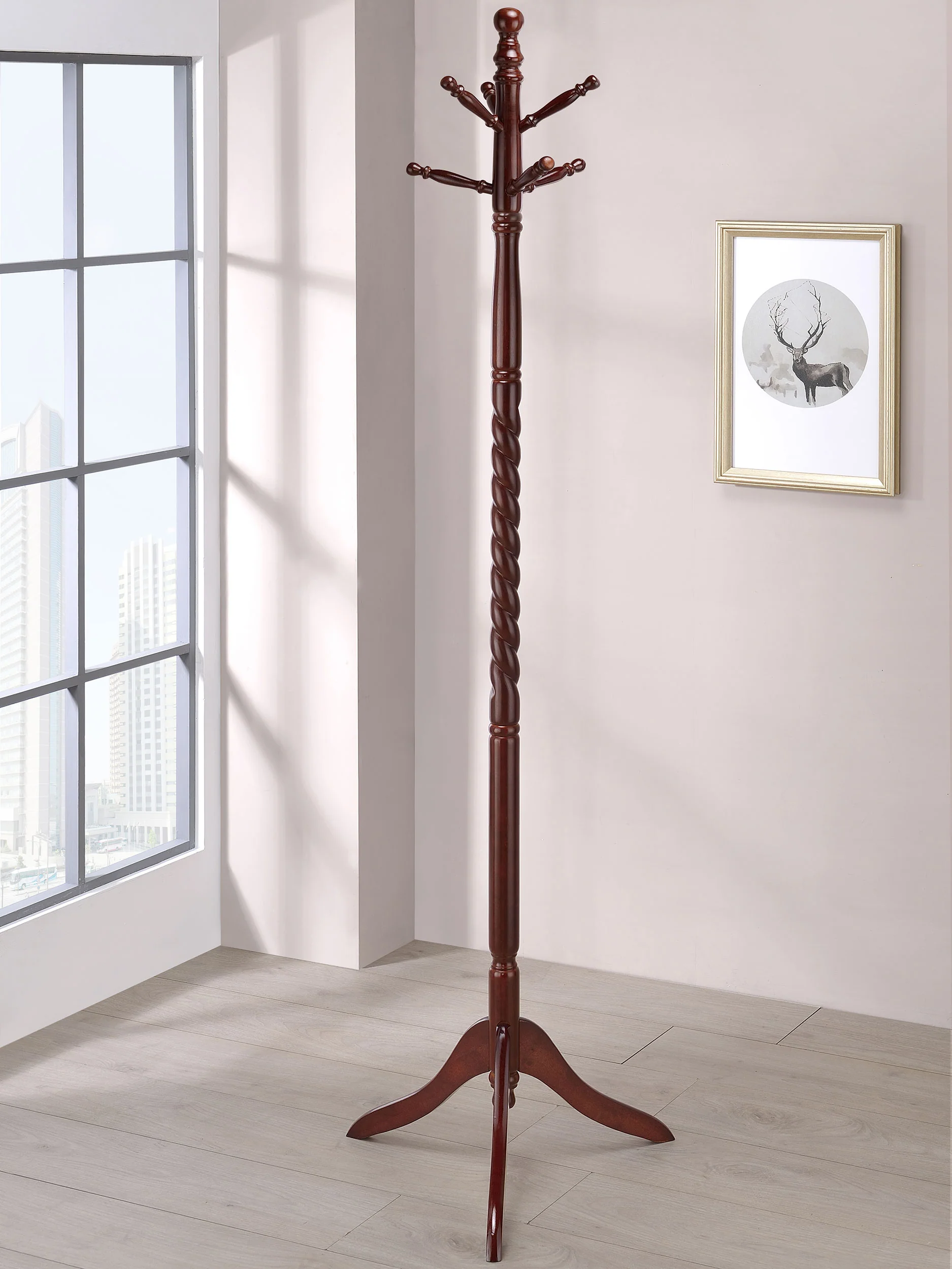 Riona 6 Hook Freestanding Wood Coat Rack, Merlot - Image 2