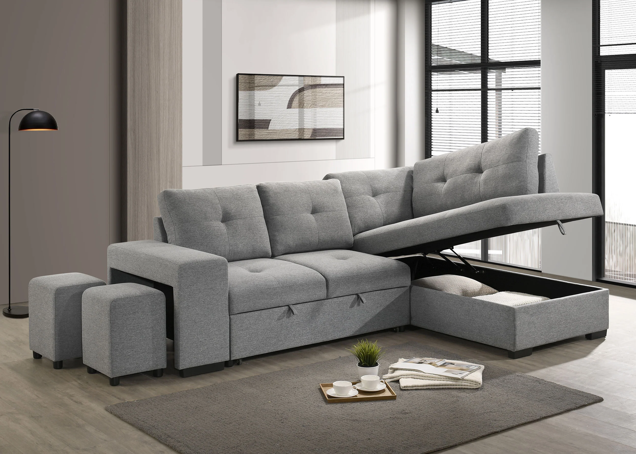 Roanne Grey Fabric Upholstered Sleeper Sectional Sofa - Image 2
