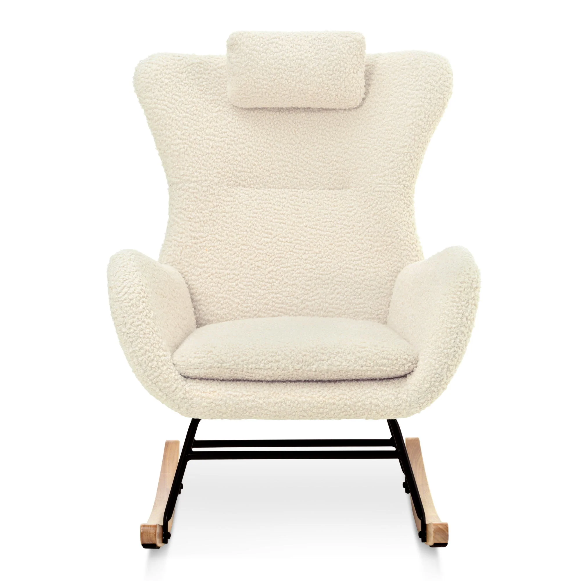 Rocking Chair Nursery, Teddy Upholstered Rocker Glider Chair With High Backrest, Adjustable Headrest & Pocket, Comfy Glider Chair For Nursery, Bedroom, Living Room, Offices, Rubber Wood - Image 4
