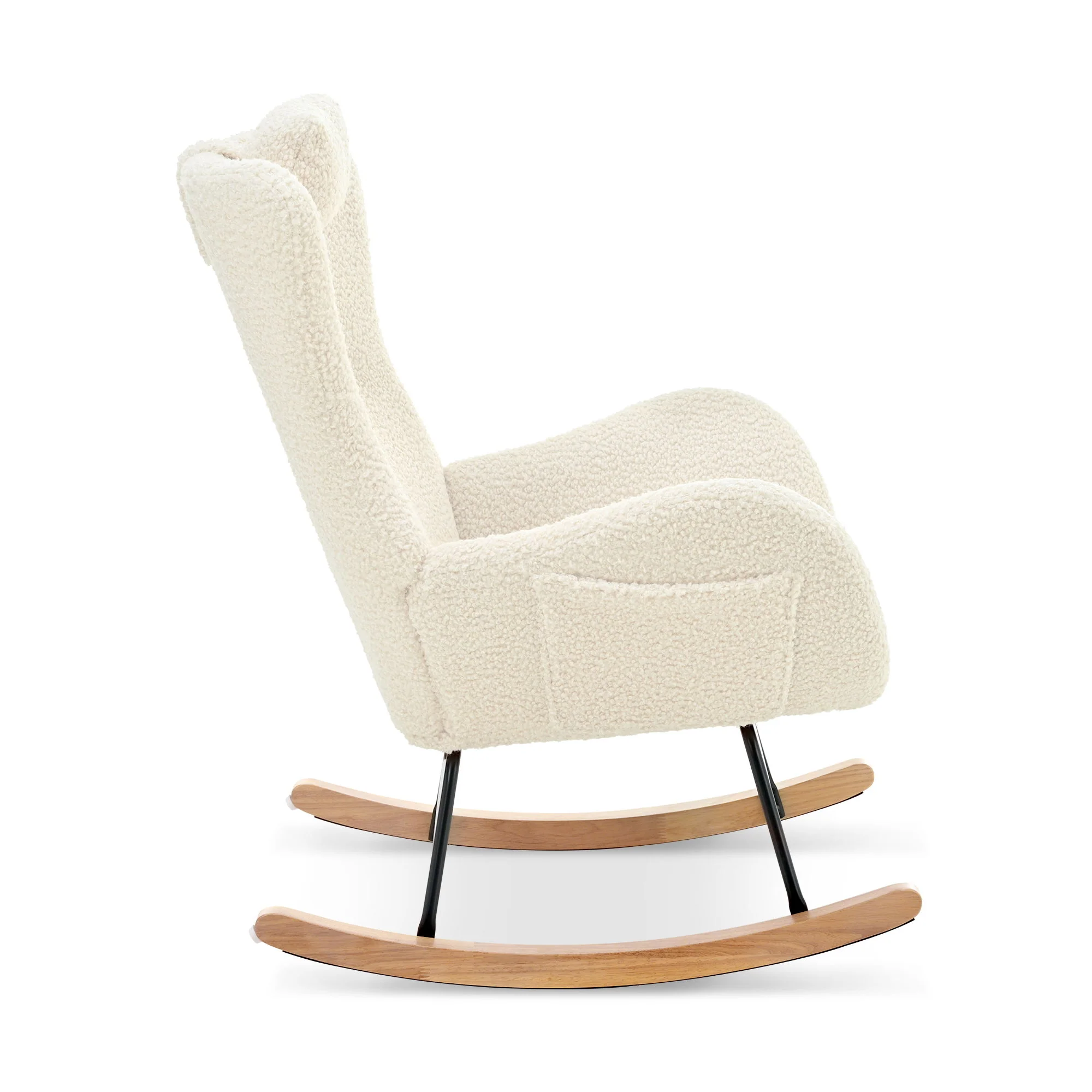 Rocking Chair Nursery, Teddy Upholstered Rocker Glider Chair With High Backrest, Adjustable Headrest & Pocket, Comfy Glider Chair For Nursery, Bedroom, Living Room, Offices, Rubber Wood - Image 5