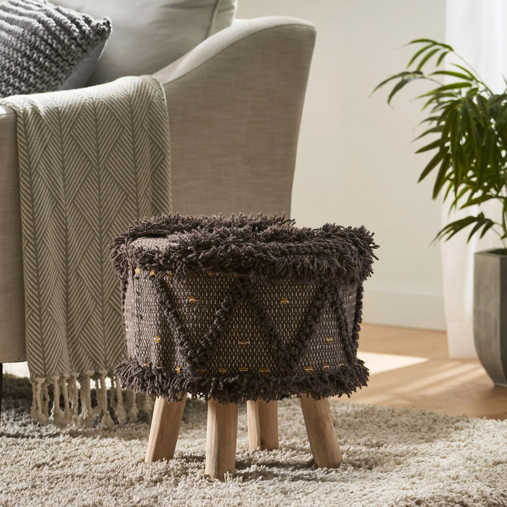 Roja - Handcrafted Wool & Cotton Foot Stool With Eucalyptus Wood Frame - Dark Brown - Image 7