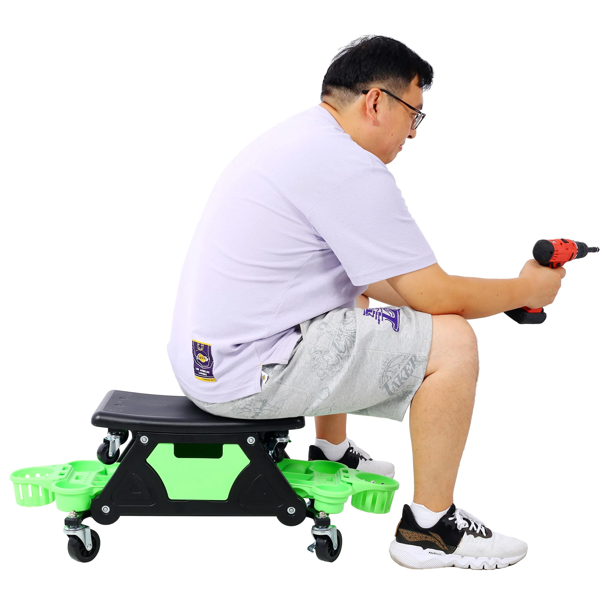 Rolling Detailing Creeper Seat With Wheels, Removable Tool Trays, 300 Lbs Capacity - Green - Image 8