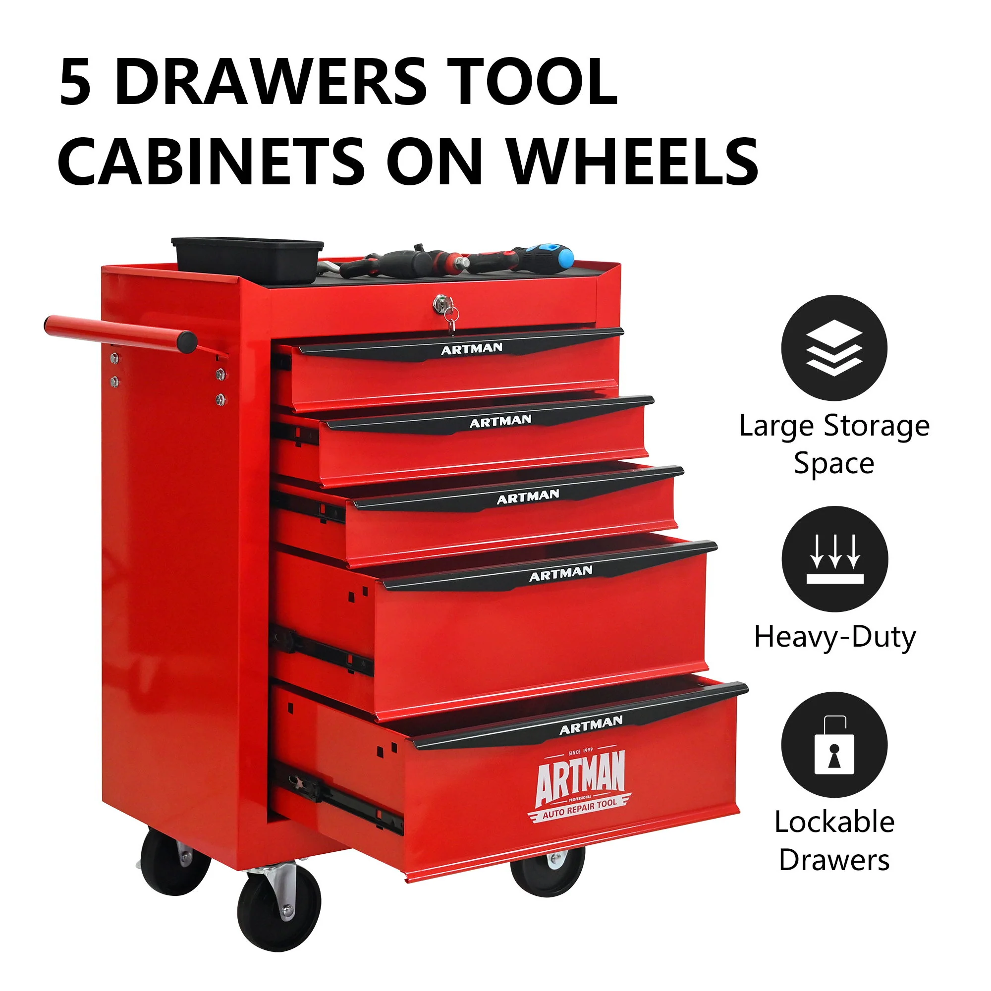 Rolling Metal Tool Chest With Drawers, Steel Storage Cabinet With Ball Bearing Slides - Image 33
