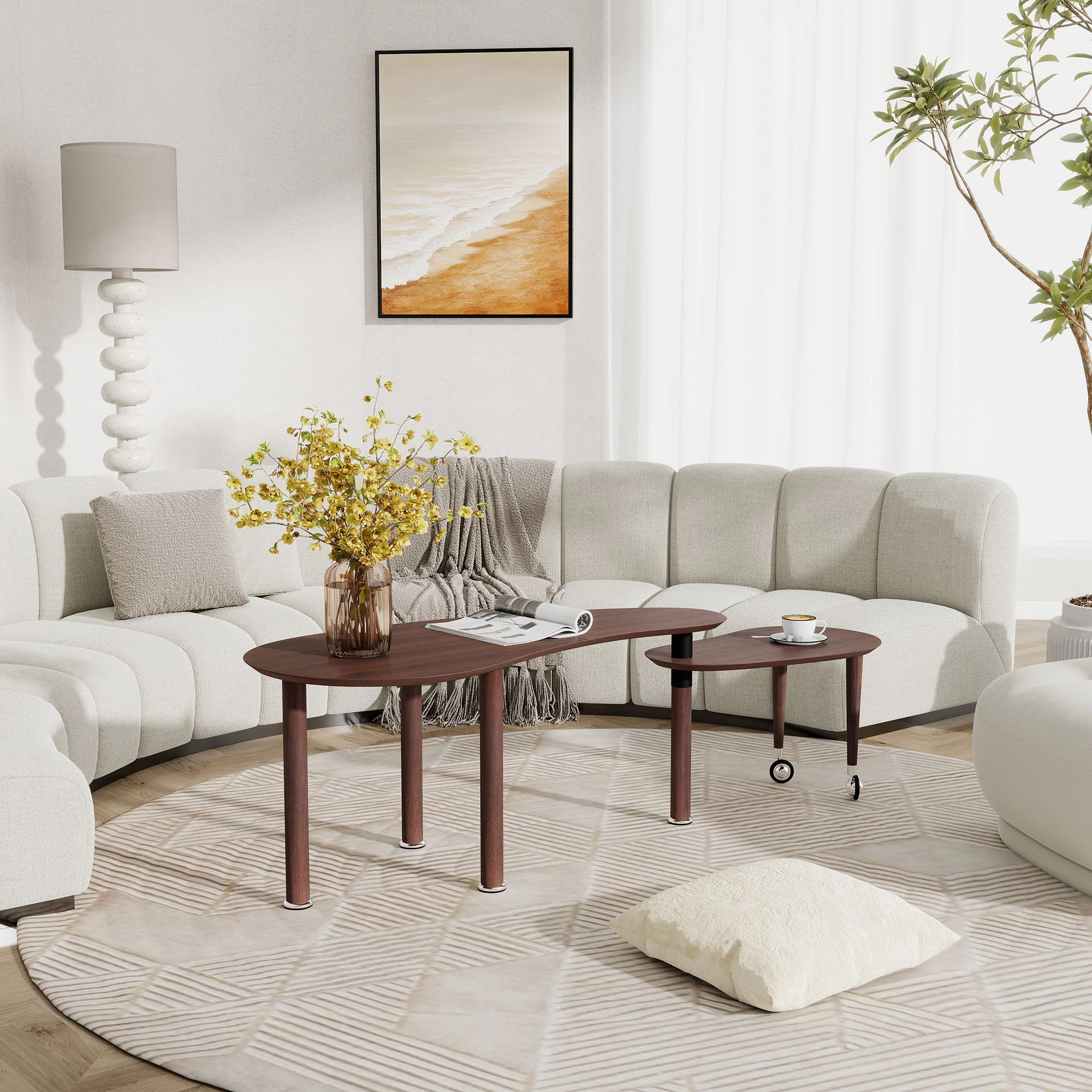 Rotatable Coffee Table With Solid Legs, 360 Degree Swivel, Waterproof - Walnut - Image 7