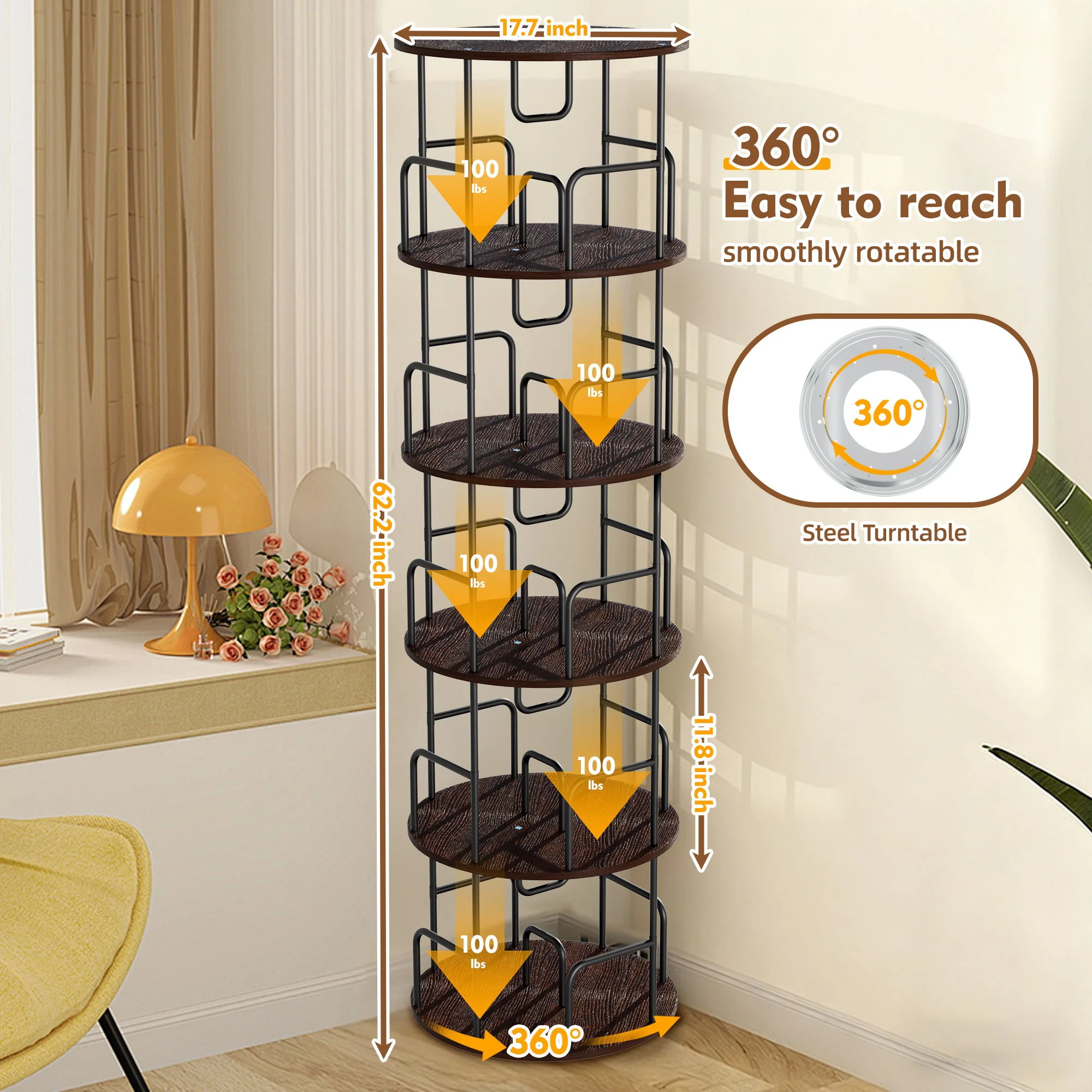 Rotating Bookshelf Tower 5 Tier Spinning 360 Degree Revolving Storage Shelf - Image 4