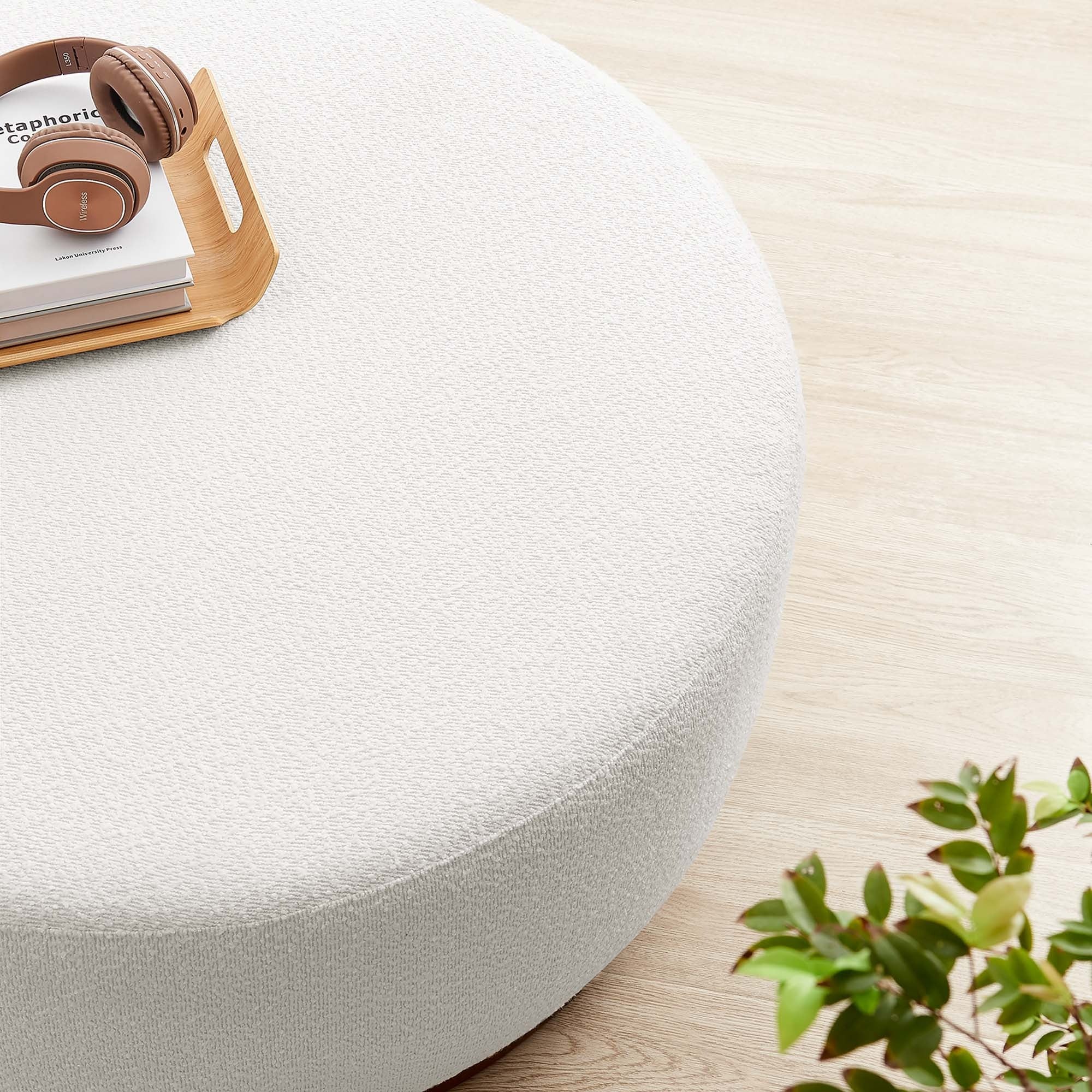 Round Boucle Upholstered Ottoman – Cloud Walnut 38 Inch - Image 5