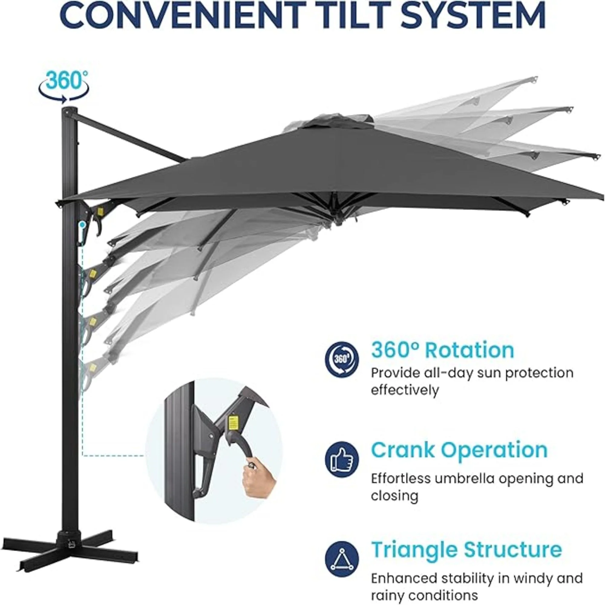 Round Cantilever Patio Umbrella With 360 Rotation & Infinite Tilt Adjustment - Image 37