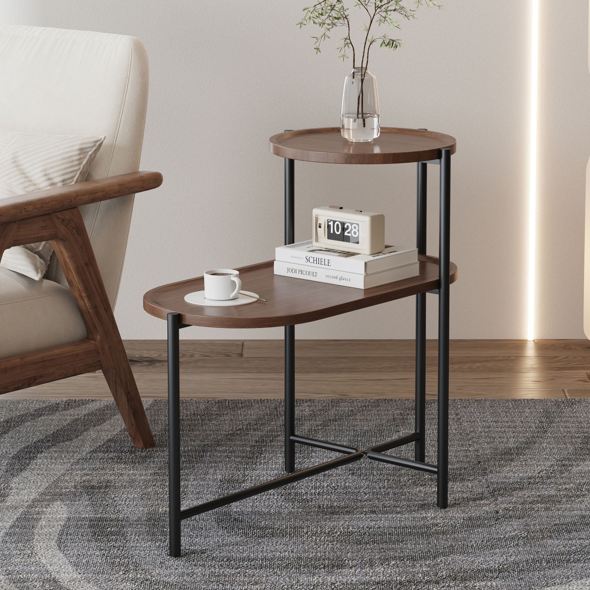 Round Coffee Table With Storage Tray 2 Tier Oval End Tables Wooden Small Side Table For Living Room - Image 17