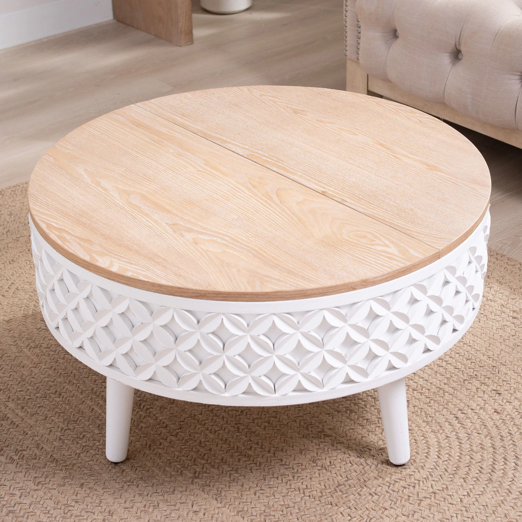 Round Coffee Table With Storage - White / Light Oak - Image 3