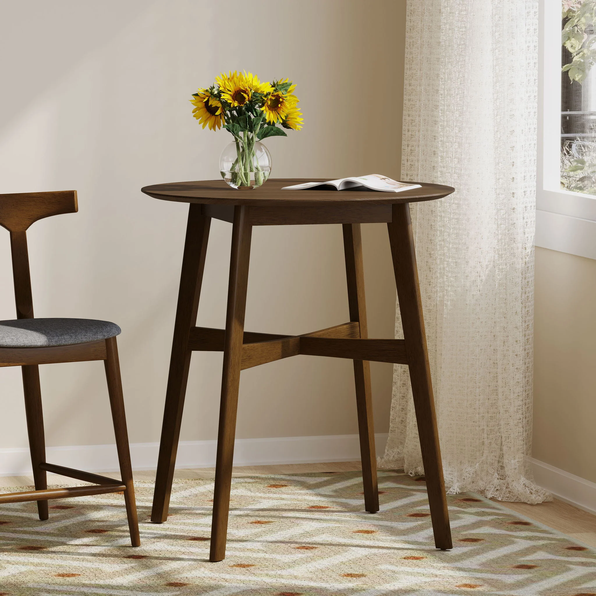 Round Counter Height Dining Table With Thick Rubberwood Legs And Support Beams - Walnut - Image 7