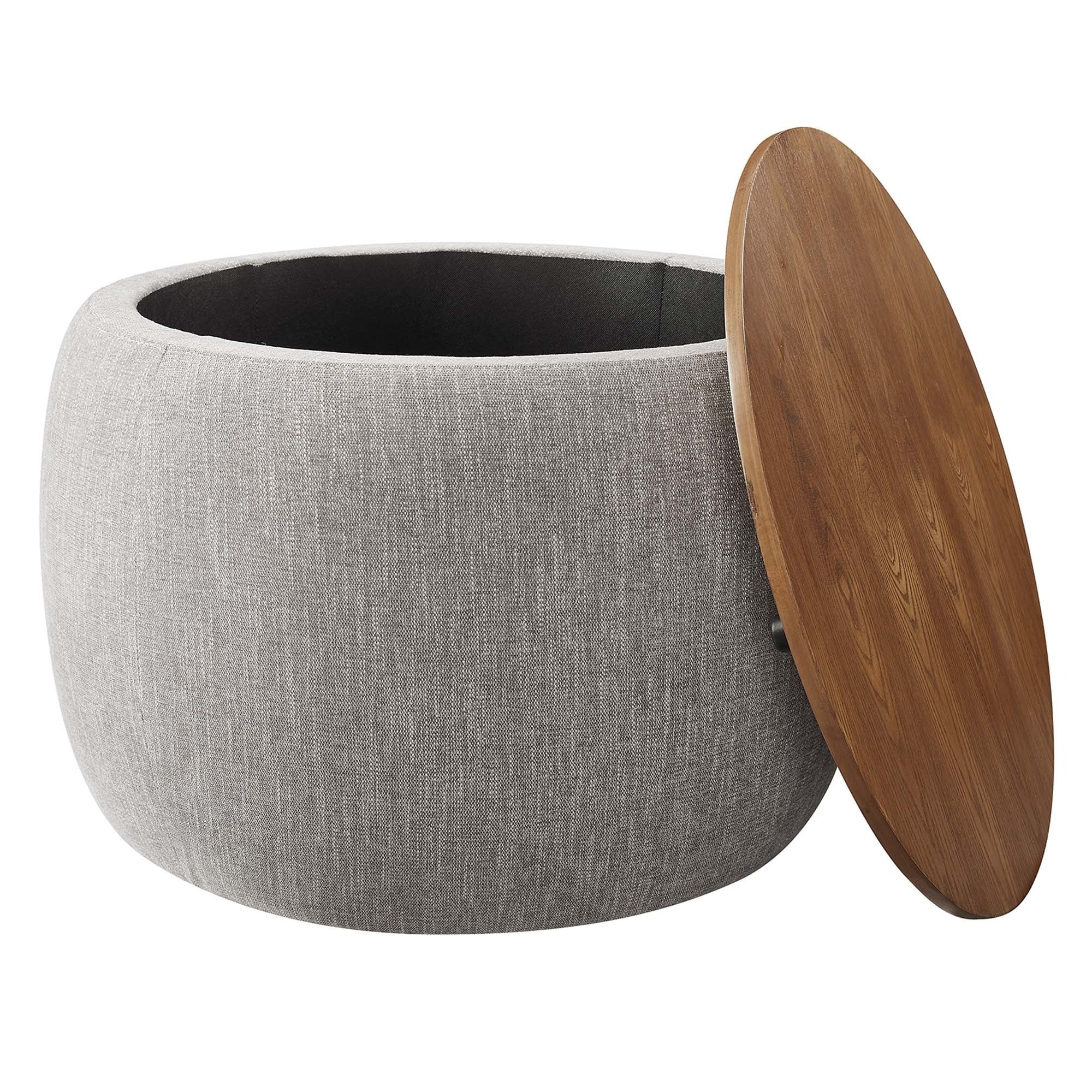 Round Heathered Fabric Storage Ottoman with Wood Lid – 26 Inch - Image 15
