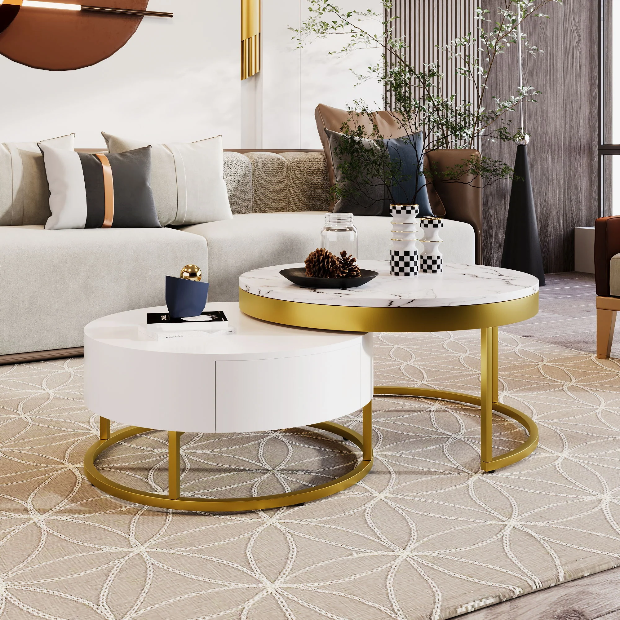 Round Nesting Coffee Table With Drawers - Golden / White - Image 6