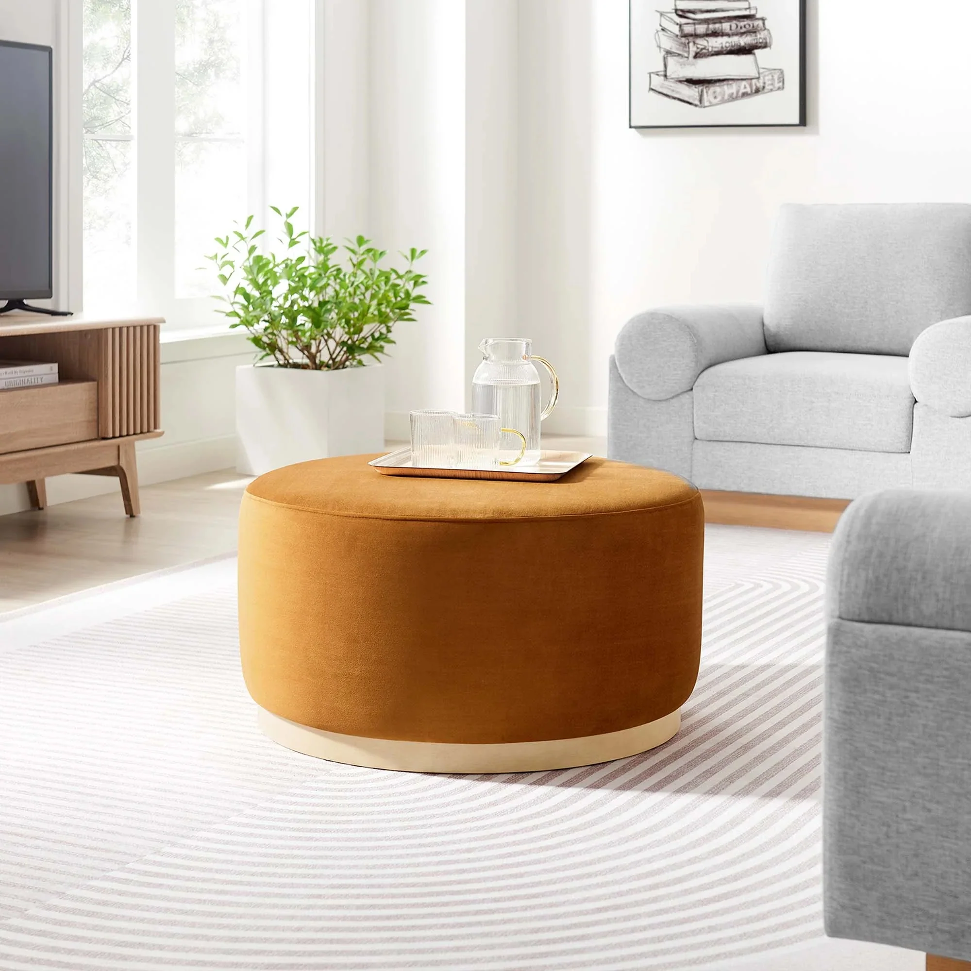Round Performance Velvet Upholstered Ottoman – 29 Inch - Image 30