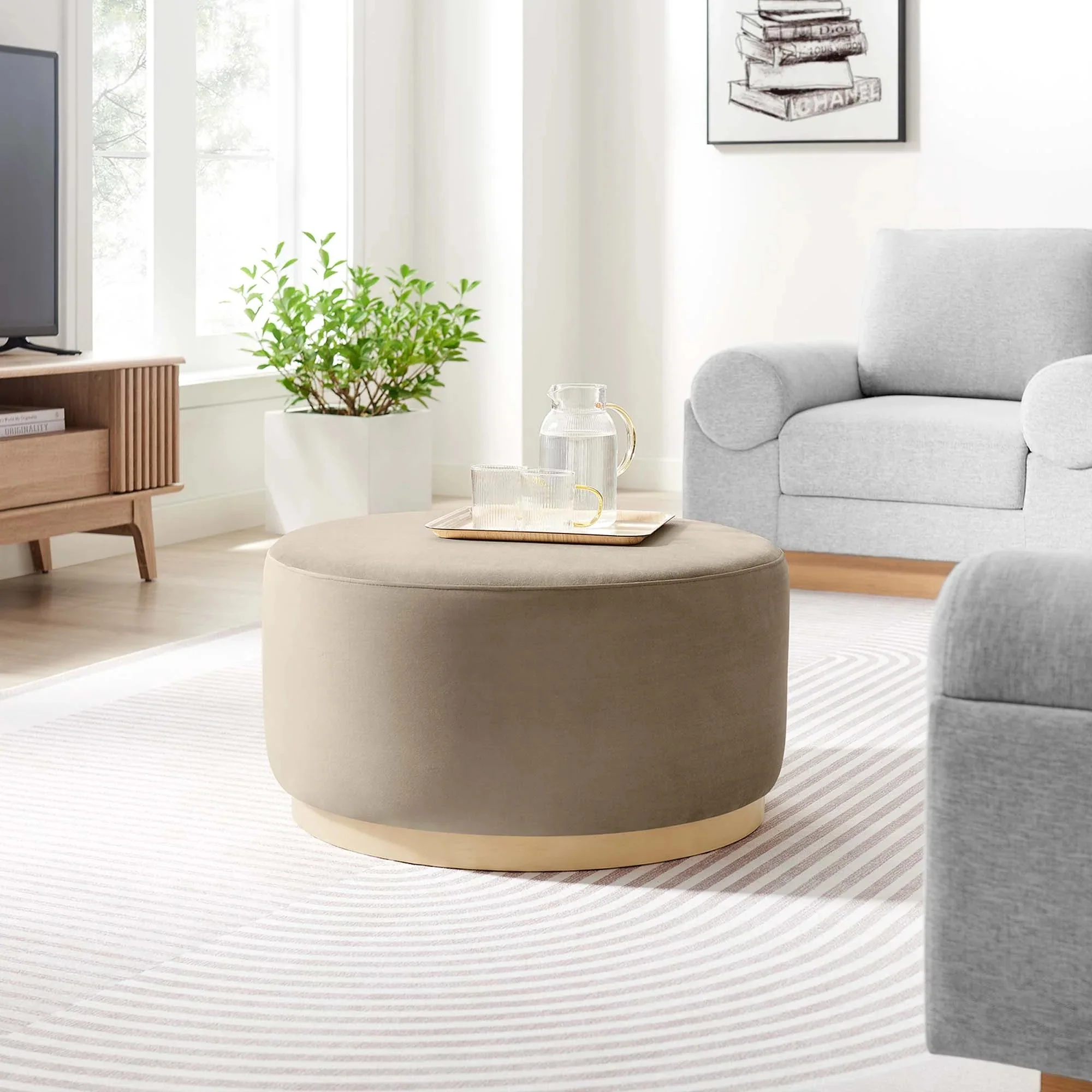 Round Performance Velvet Upholstered Ottoman – 29 Inch - Image 9