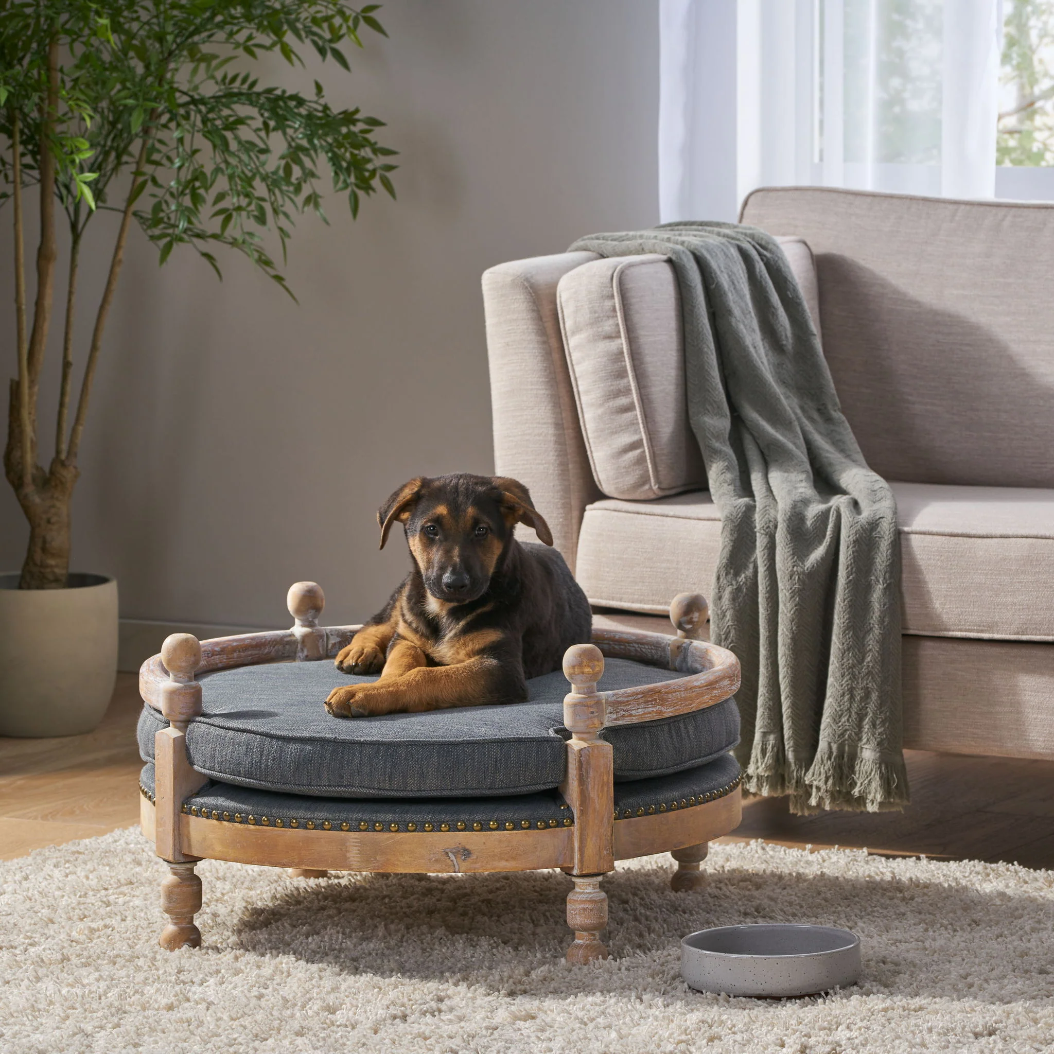 Round Pet Sofa, Wide Upholstered Pet Bed - Charcoal - Image 4