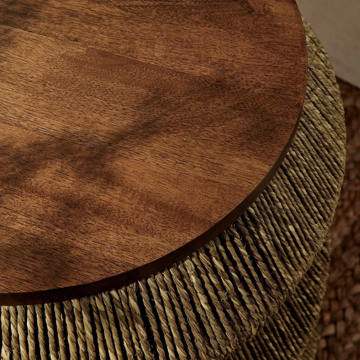 Round Seagrass and Wood Side Table Drum Design – 18 Inch - Image 5