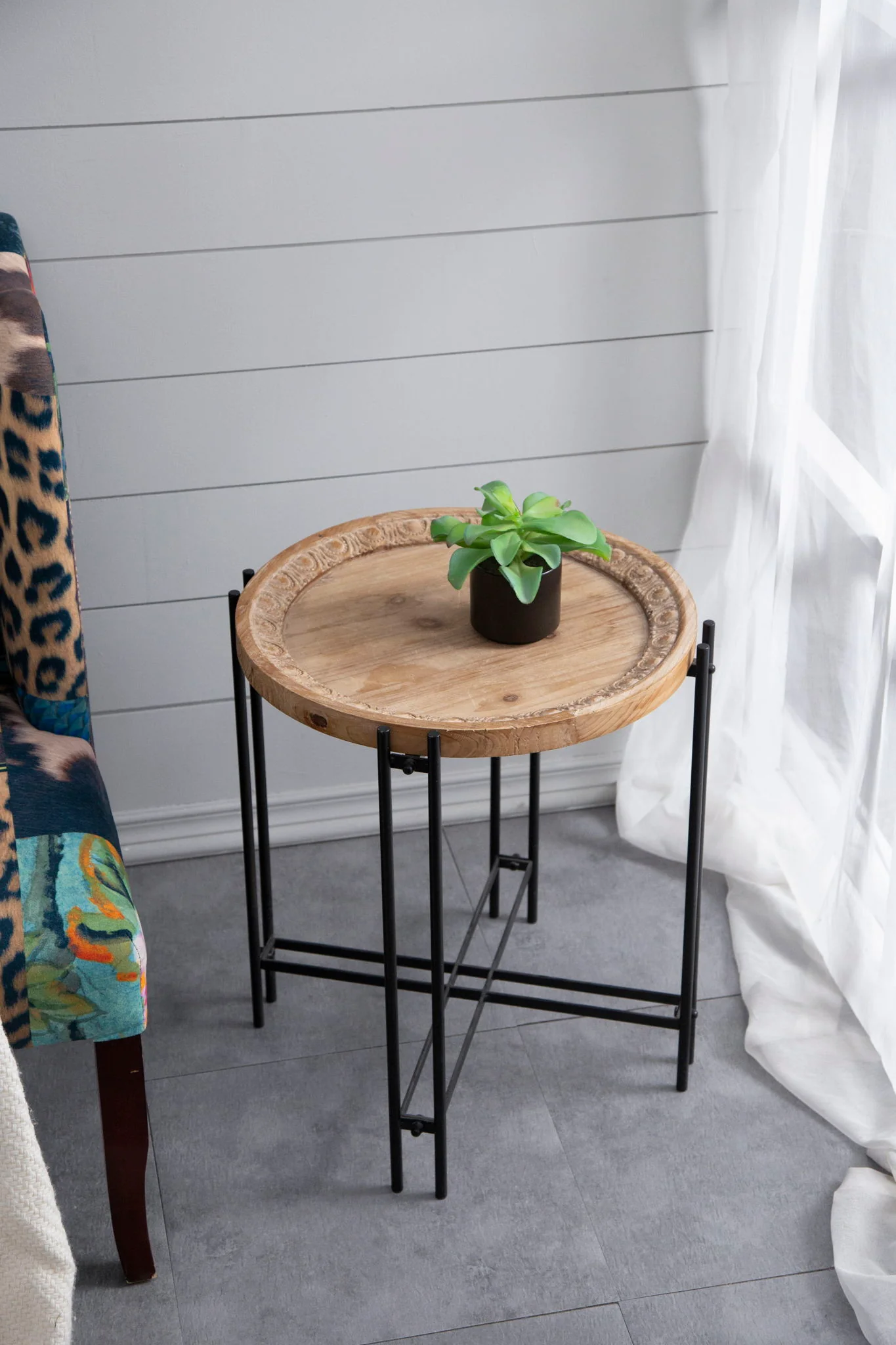 Round Side Table With Wood Top, End Table For Living Room Bedroom - Black Brown - Image 2