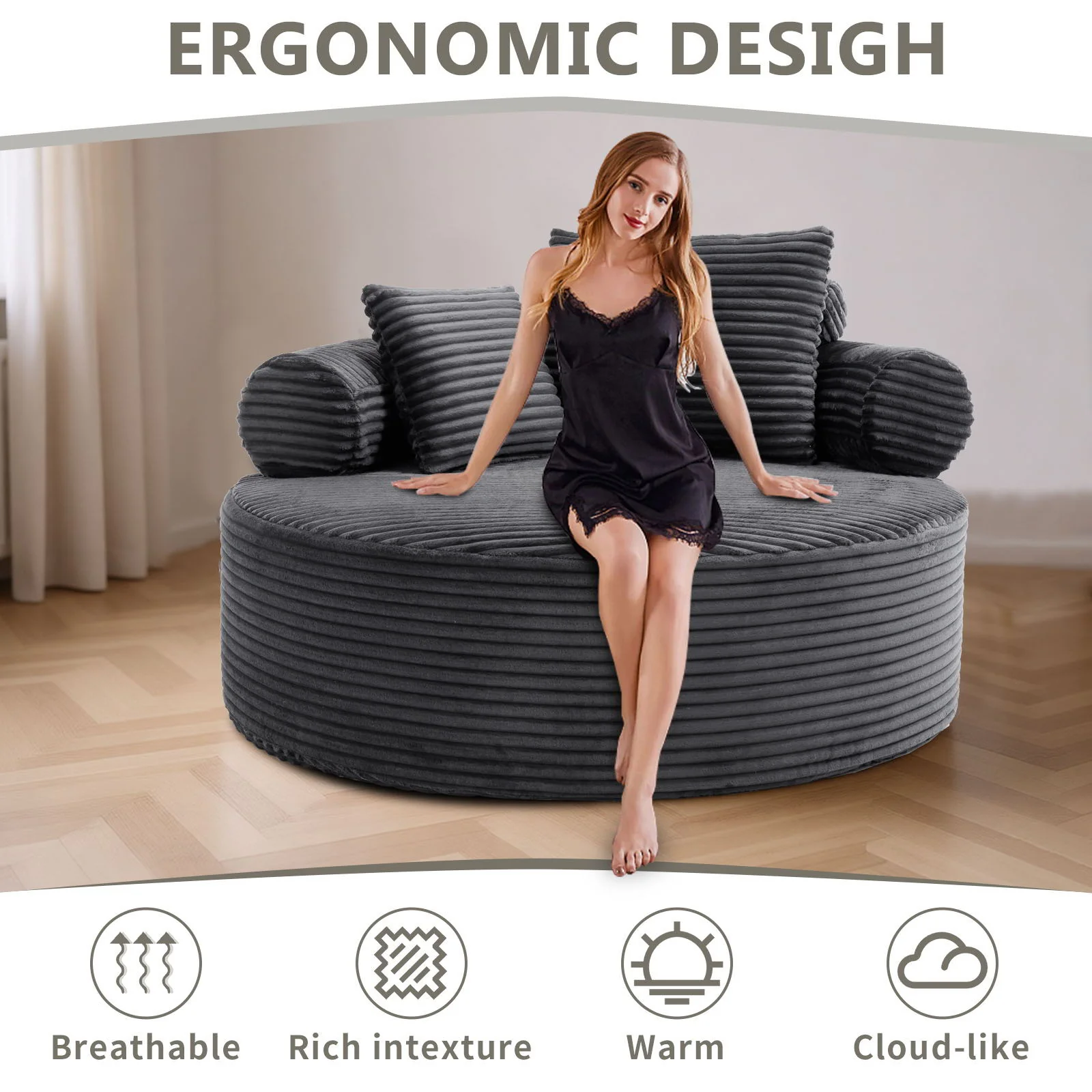 Round Sofa Bed With 3 Pillows For Living Room - Image 39