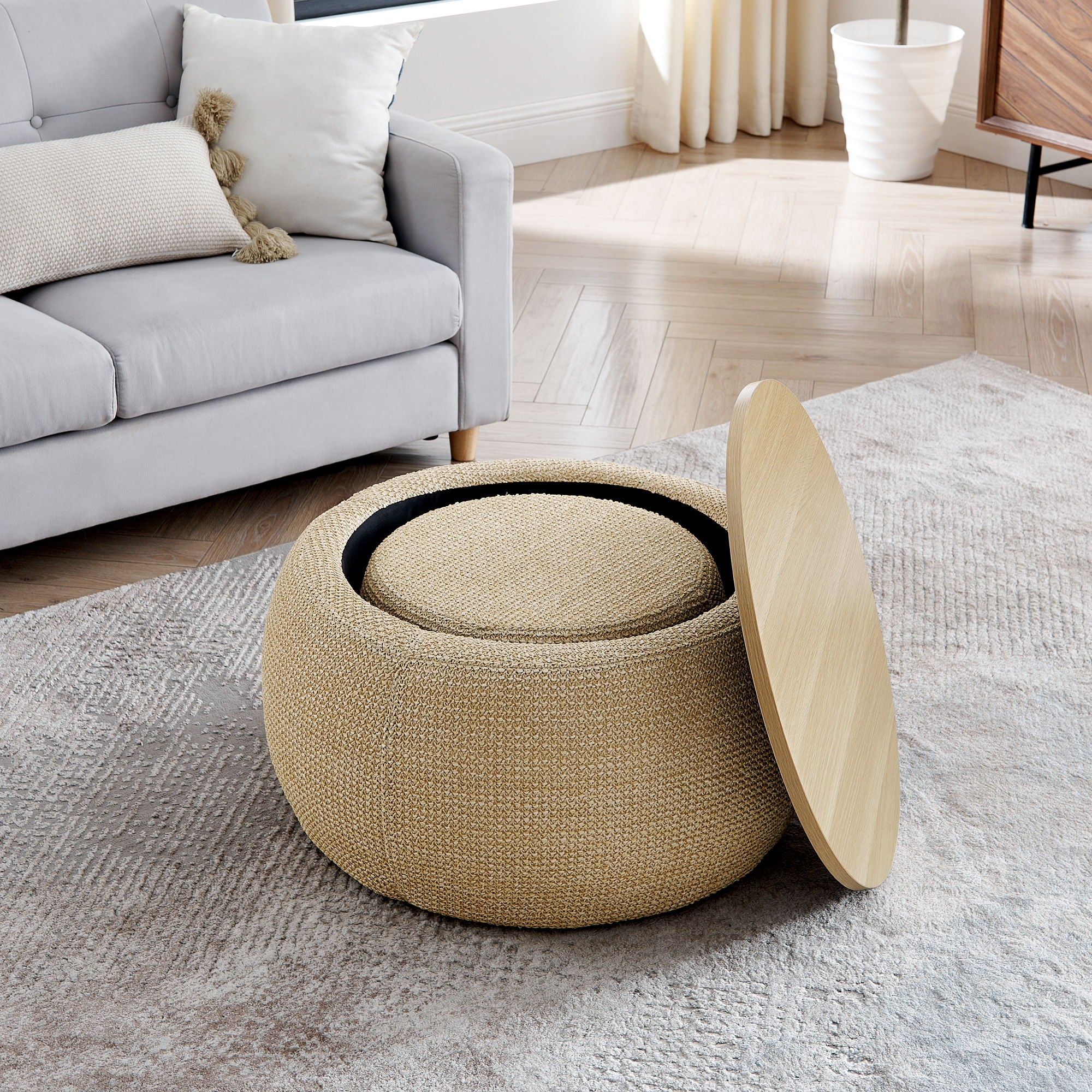 Round Storage Ottoman, 2 In 1 Function, End Table And Ottoman - Image 11