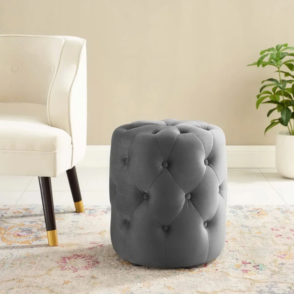 Round Tufted Velvet Ottoman – Upholstered Accent 16 Inch - Image 2