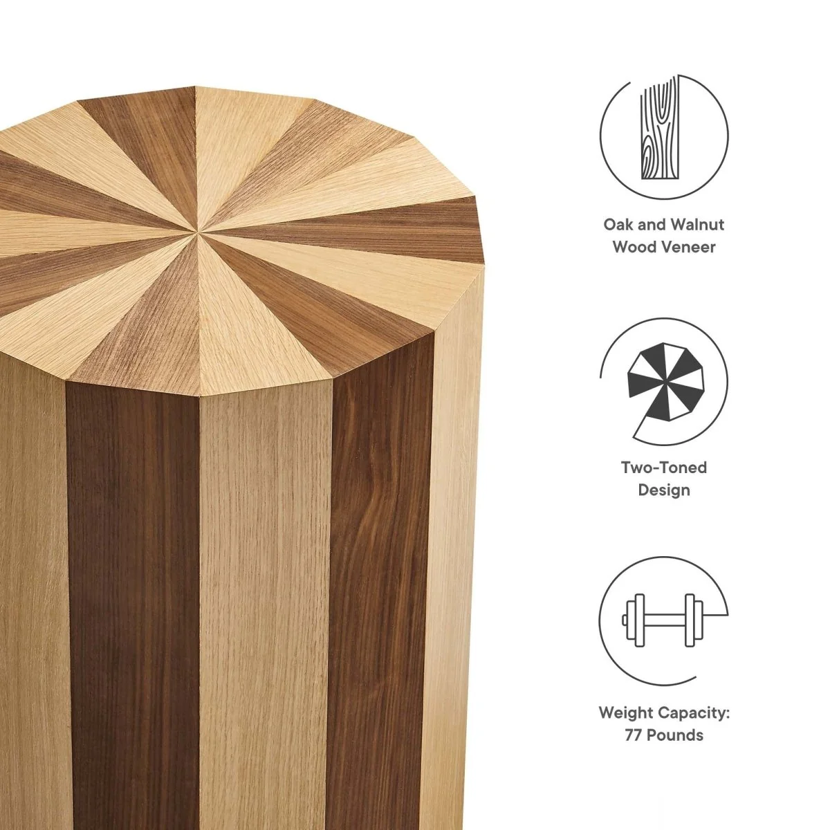 Round Two Tone Wood Veneer Side Table – Oak Walnut 18 Inch - Image 3