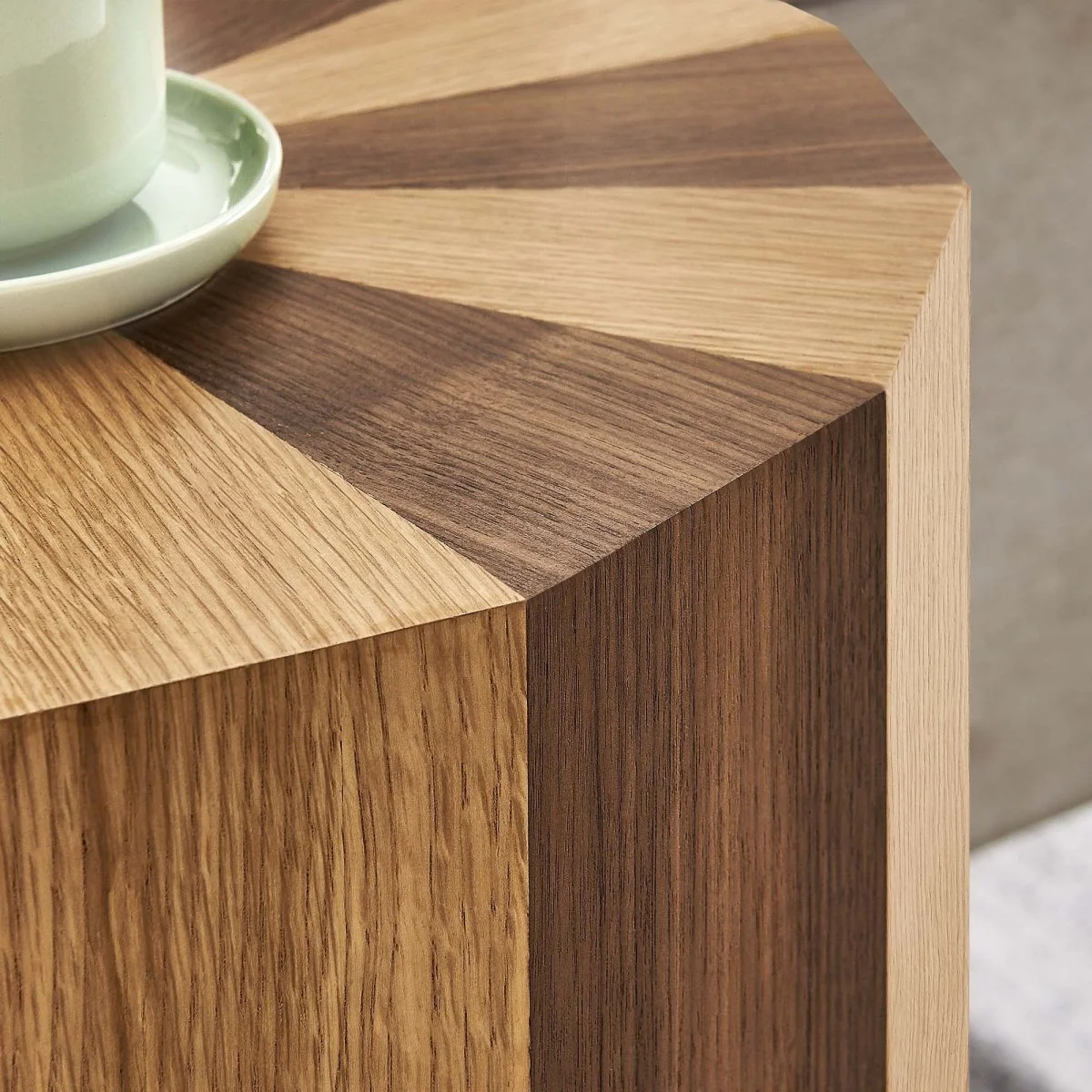Round Two Tone Wood Veneer Side Table – Oak Walnut 18 Inch - Image 5