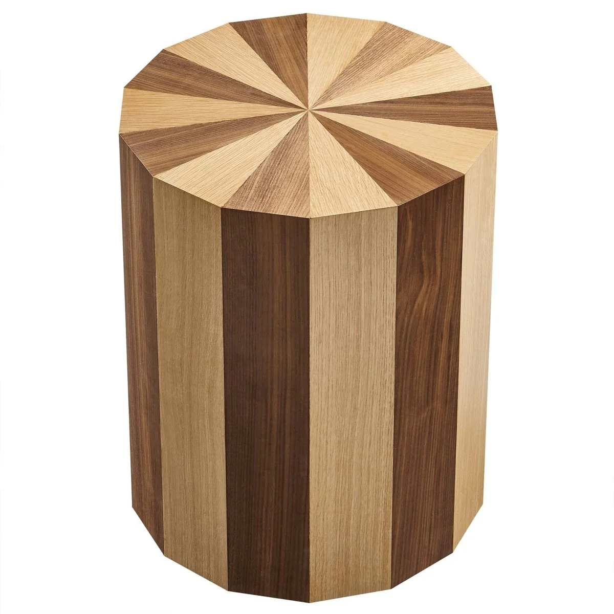 Round Two Tone Wood Veneer Side Table – Oak Walnut 18 Inch - Image 6